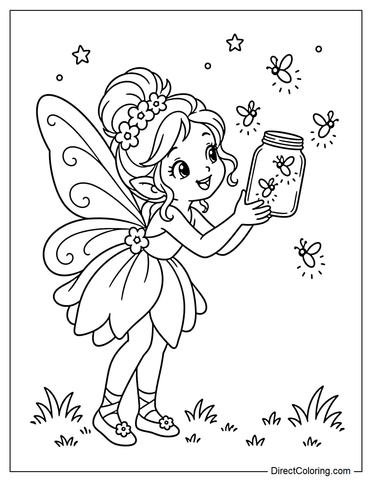 A fairy is leaning forward and holding up a glass jar to catch the fireflies flying around her.