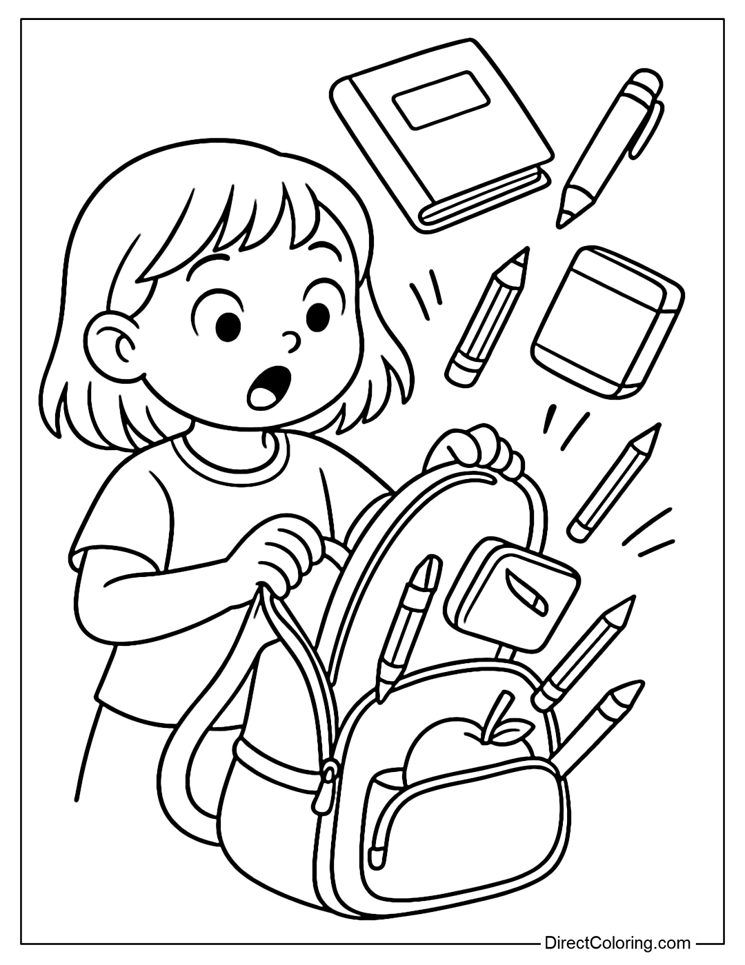 Coloring page of a girl opening her backpack with books, pens, and a pencil case falling out in surprise.