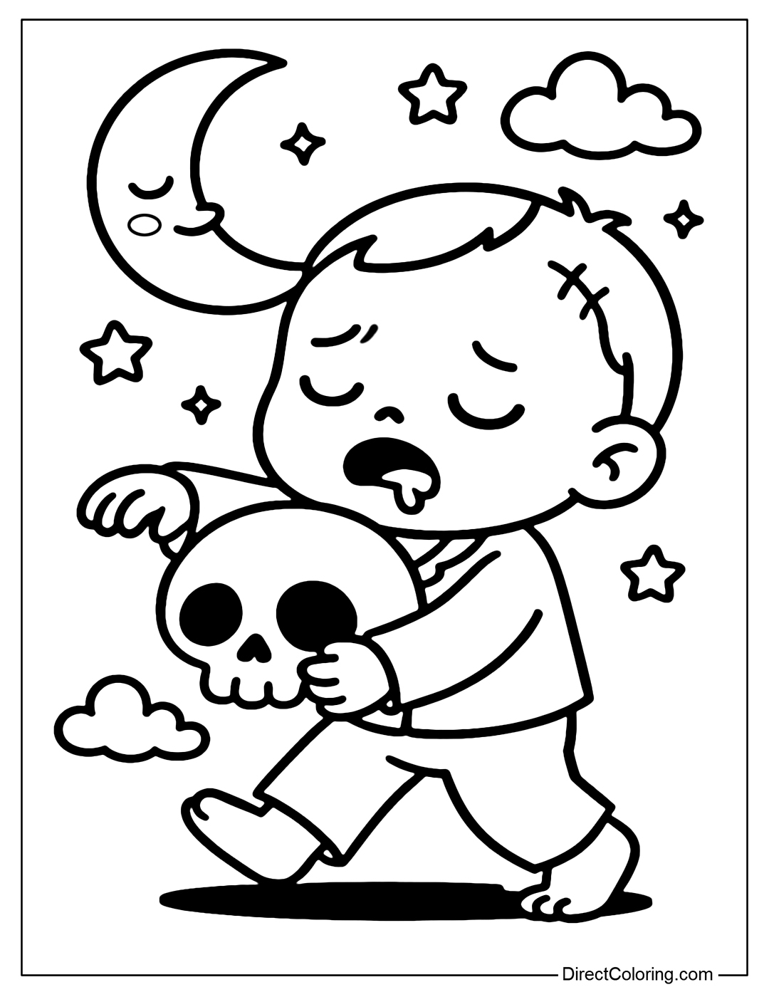 Coloring page of a sleepy chibi zombie hugging a skull pillow, sleepwalking in the moonlight.
