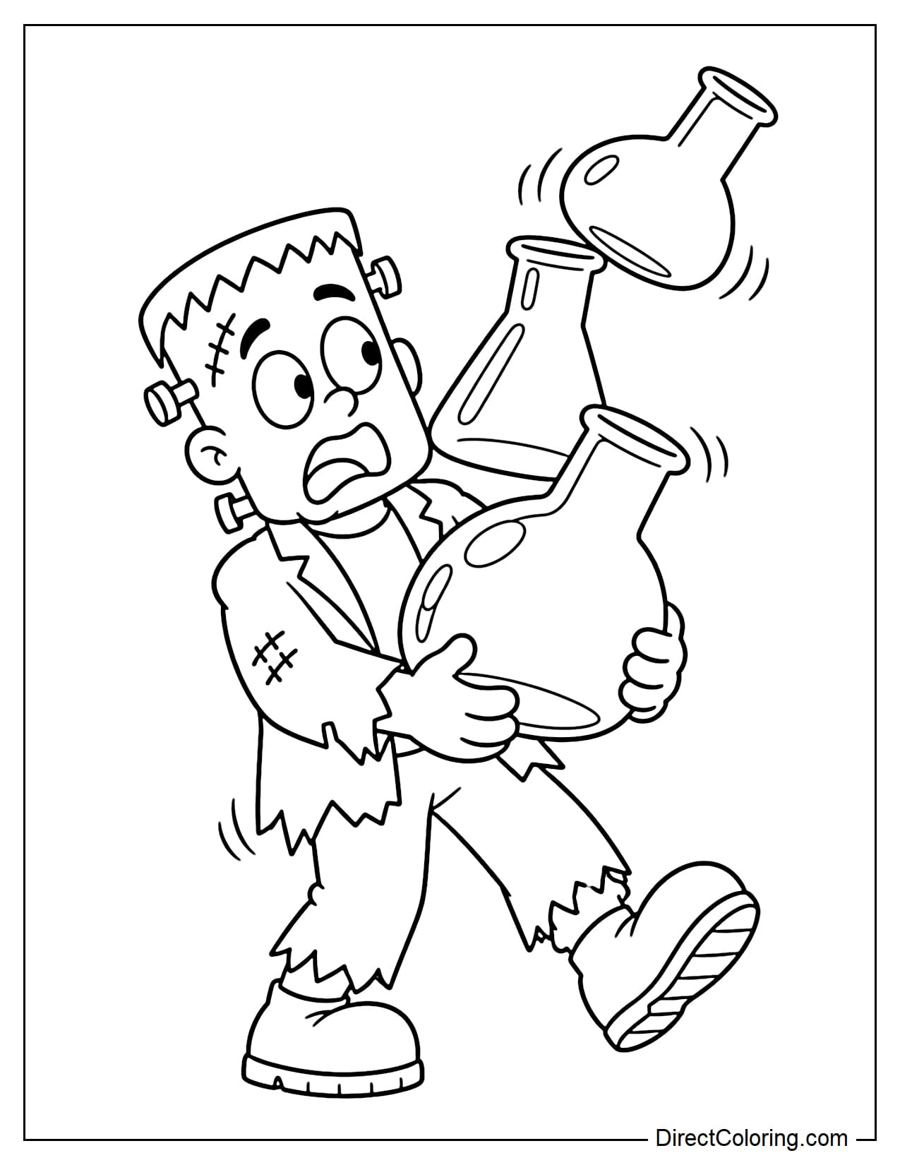 Frankenstein walks clumsily while carrying a tall stack of large laboratory bottles that tilt precariously from side to side.