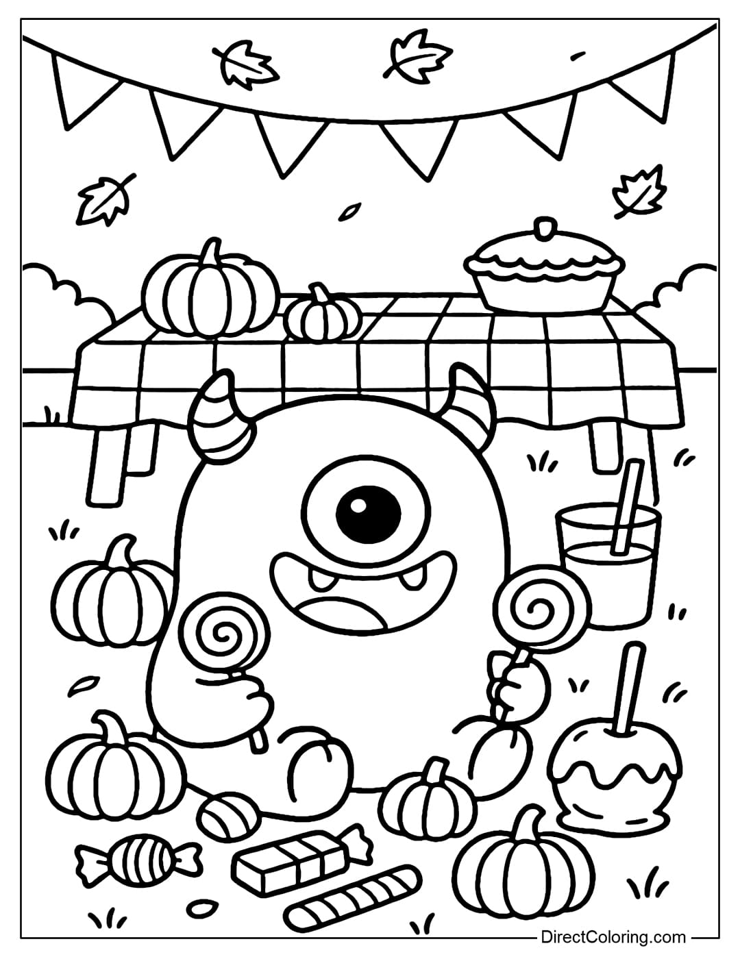 Funny Halloween monster coloring page sitting in a pile of all kinds of candy: lollipops, chocolate, caramel apples, surrounded by mini pumpkins.