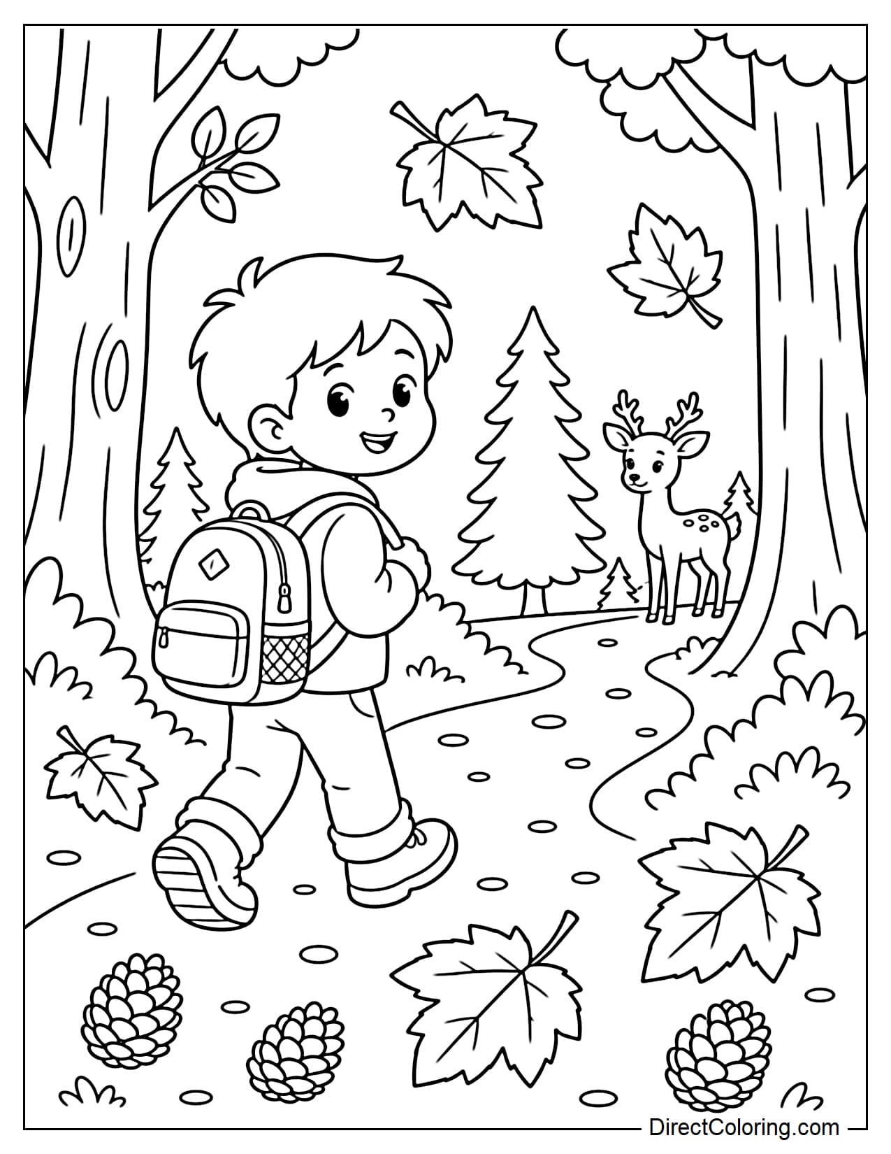 A child wearing a backpack walks along an autumn forest trail, surrounded by gently falling large leaves, some pine cones, and large trees. In the distance, a small deer stands by the trail.