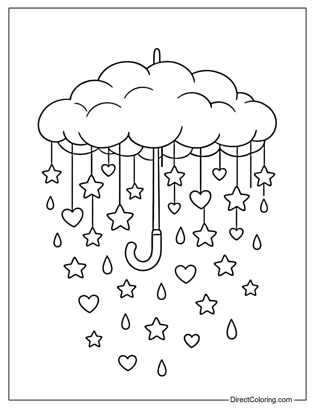 A coloring page of a soft cloud-shaped umbrella with falling star and heart-shaped raindrops.