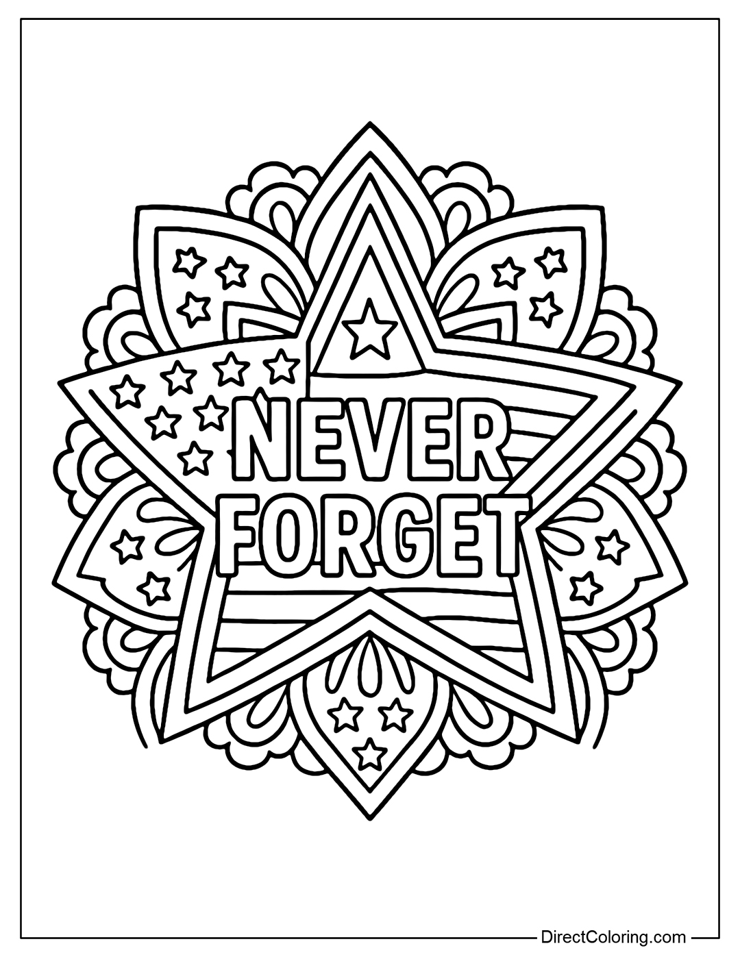 Coloring page of a stylized mandala from the stars and stripes of the American flag, in the middle is the word Never Forget.