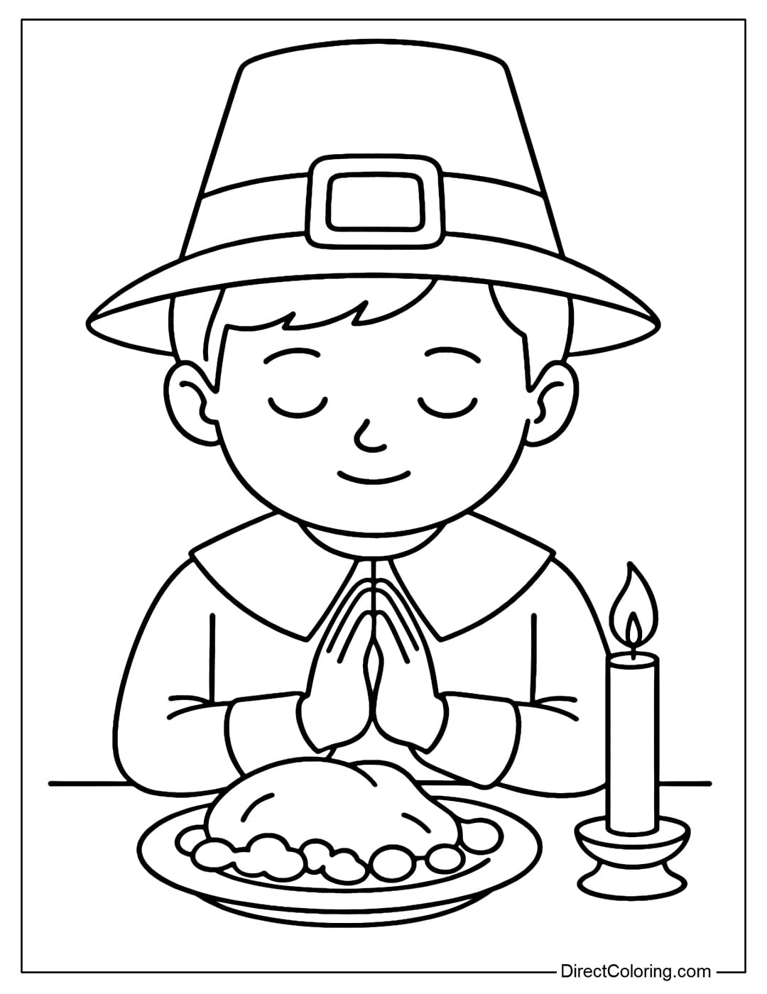 Coloring page of a little boy praying before a meal, his hands clasped.