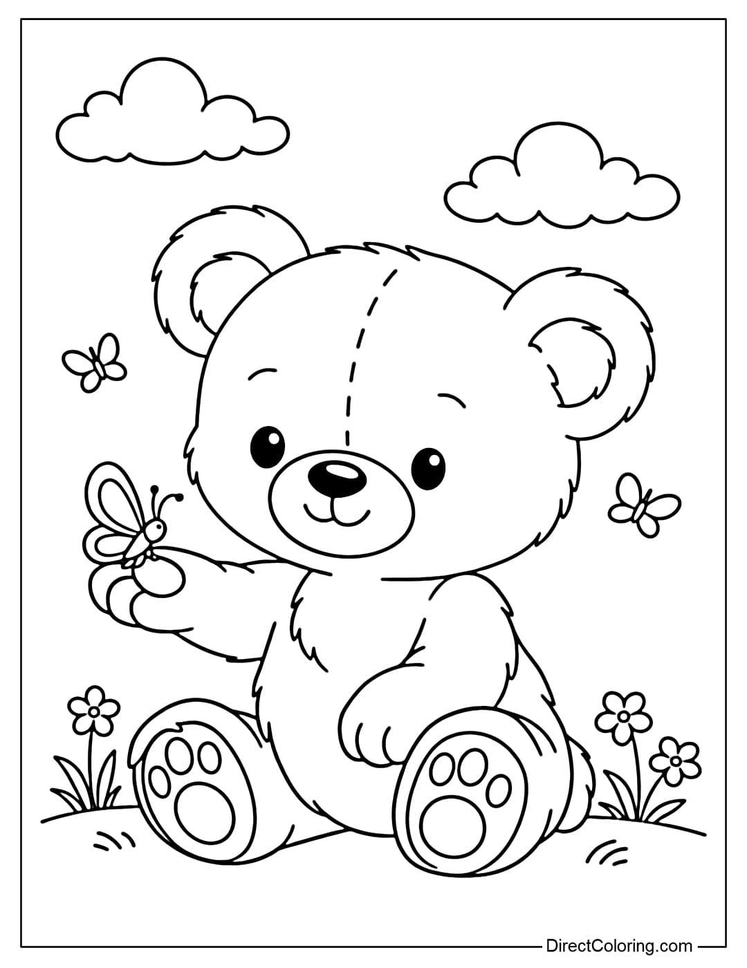 Coloring page of a cute teddy bear extending its paw, holding a small butterfly.
