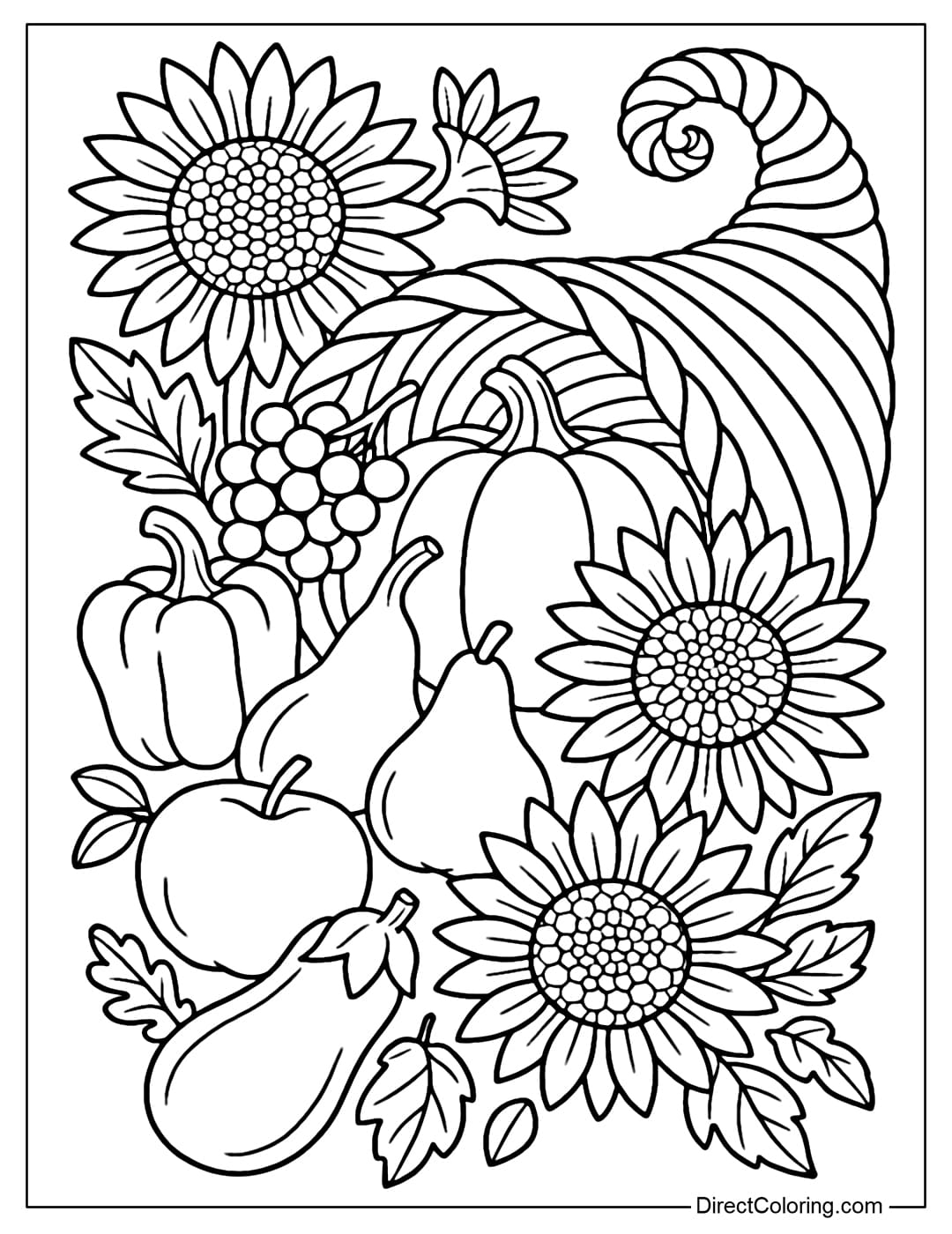 Cornucopia coloring page overflowing with fruits and large sunflowers.