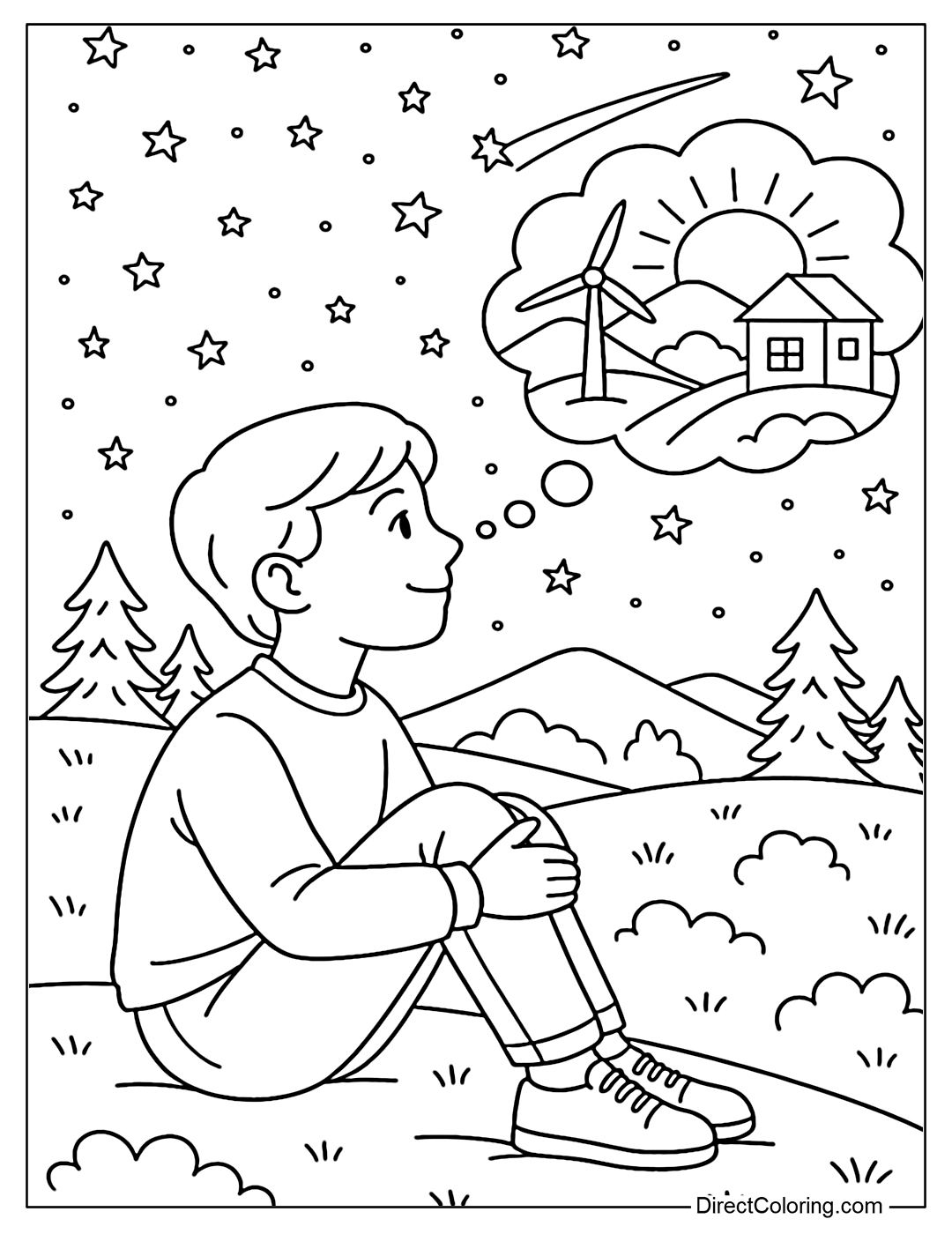 Coloring page of young people looking at the starry sky, imagining a green - bright - beautiful future.