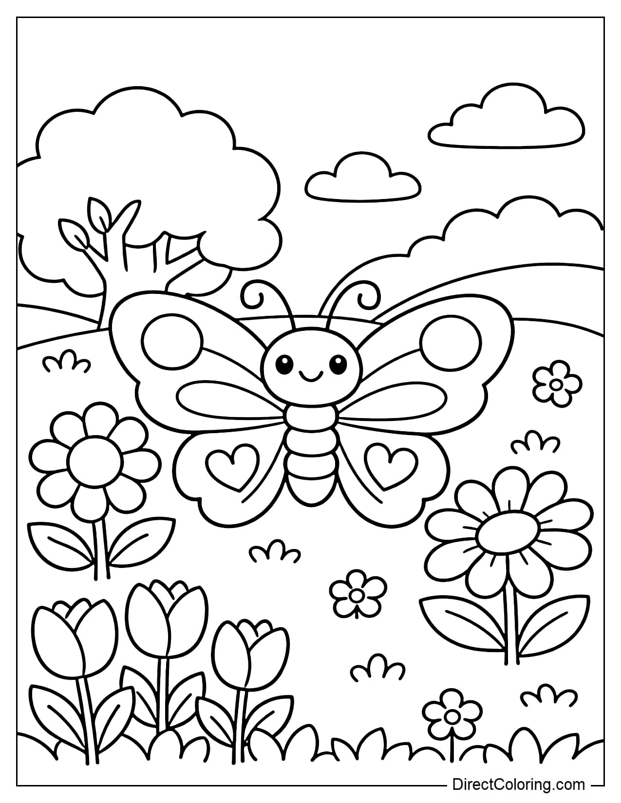 A butterfly in a simple garden with large trees and flowers.