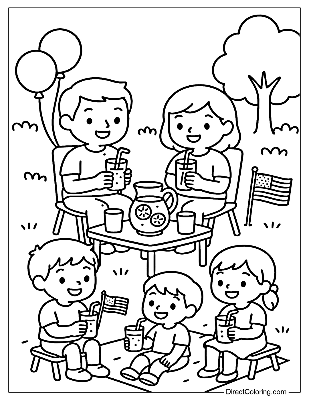 A family coloring page sitting on folding chairs outdoors, drinking lemonade, and chatting happily.
