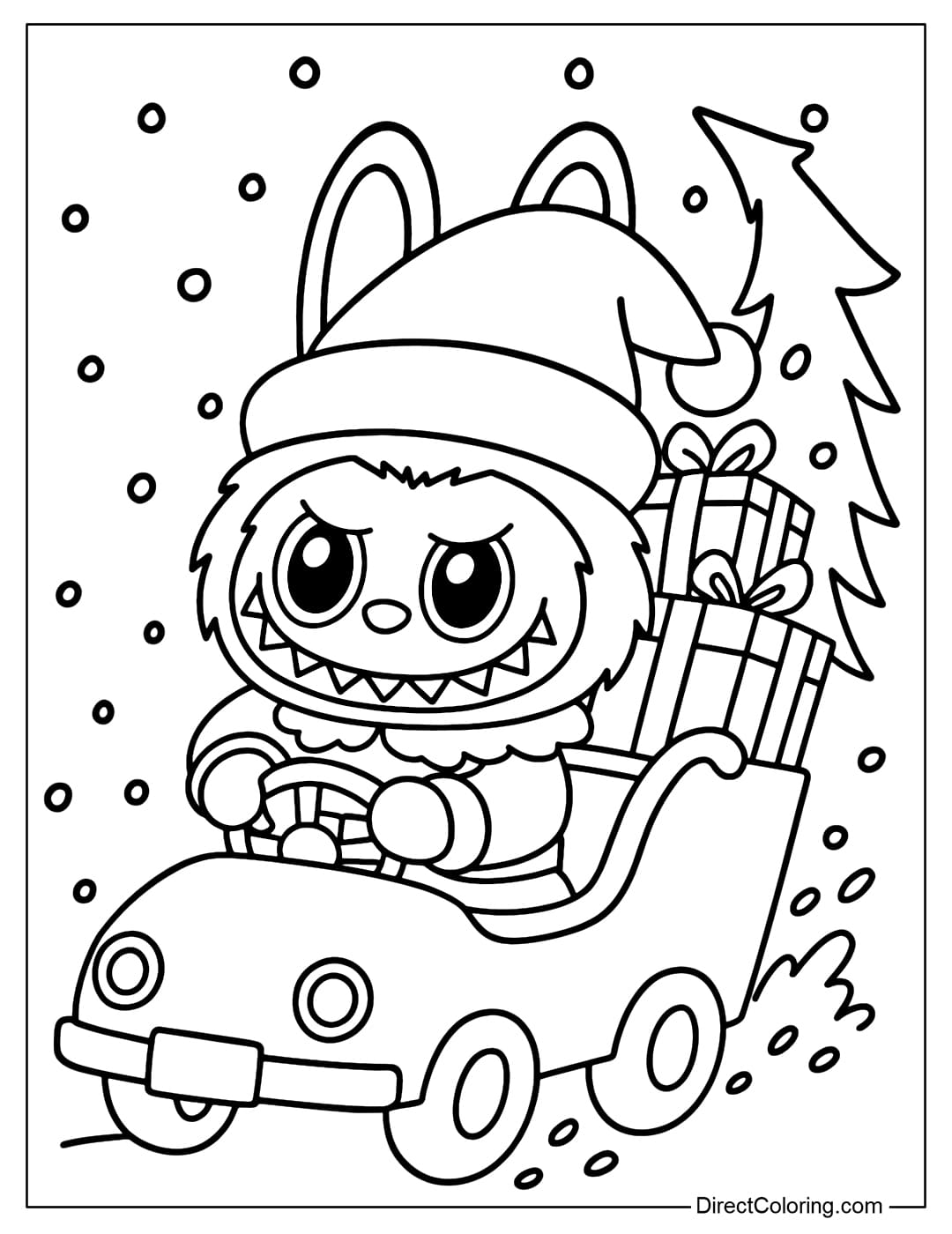 Coloring page of Labubu wearing a Santa hat and driving a car full of big gift boxes.