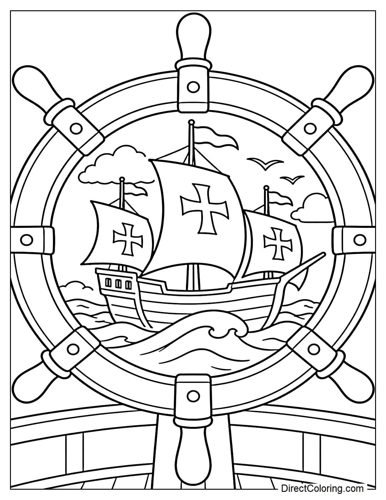 A large wooden ship's wheel forms a natural circular frame, with the Santa María visible through its open center as it sails across the ocean.