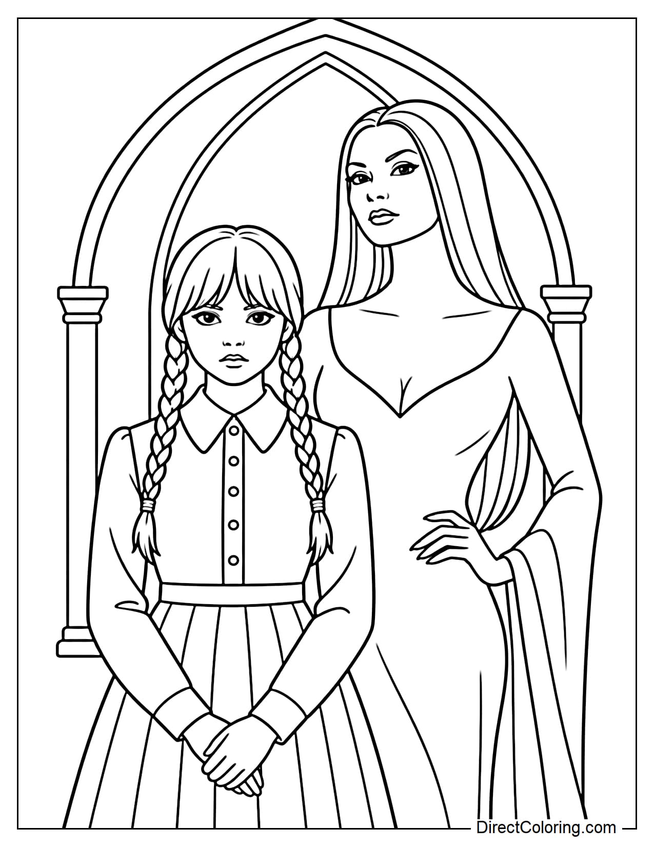 Wednesday stands beside Morticia Addams, with Wednesday wearing her signature two braids and Morticia featuring long hair and an elegant floor-length dress. A large gothic arched doorway stands behind them.