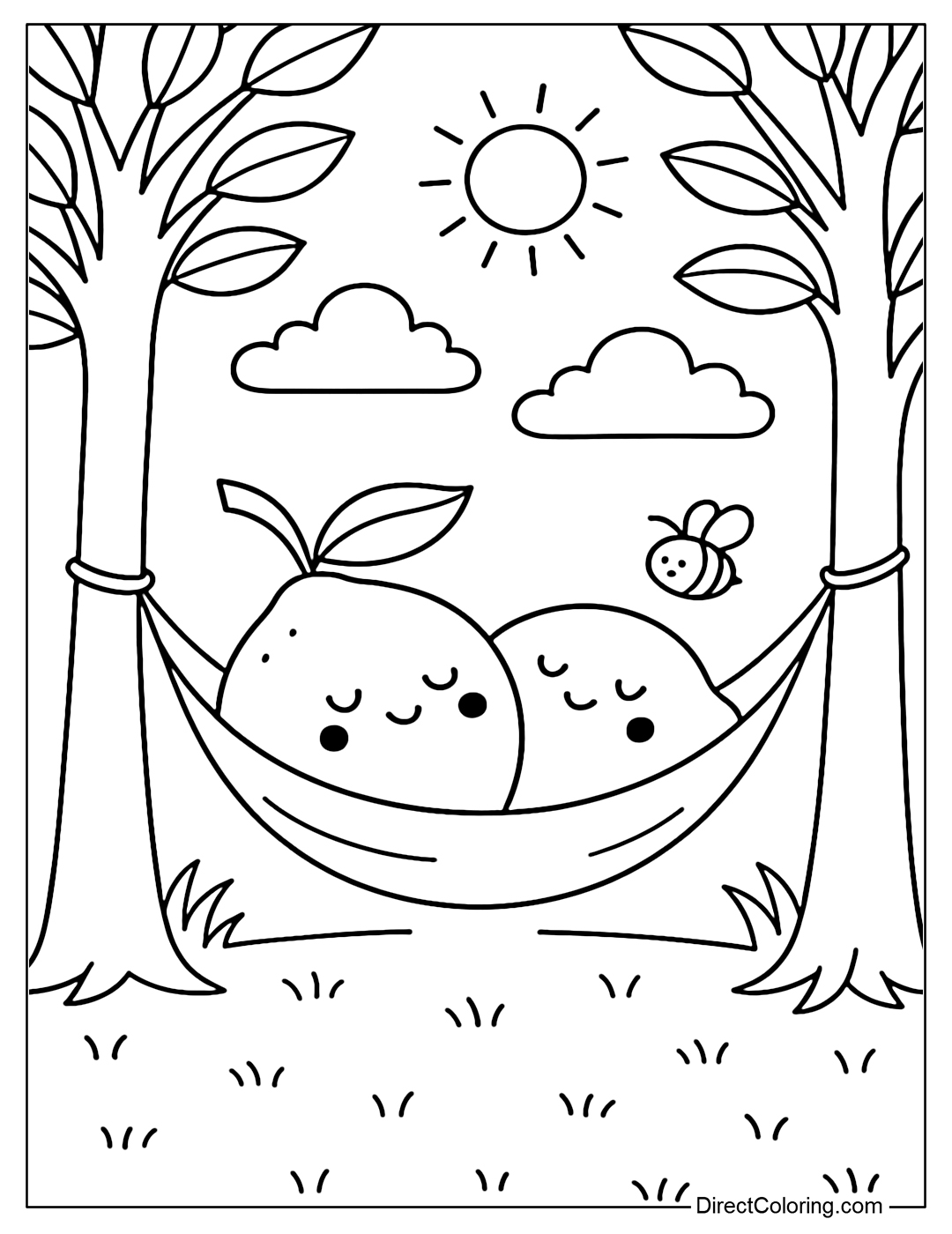 A coloring page of two lemons lying in a hammock under a tree on a sunny day.