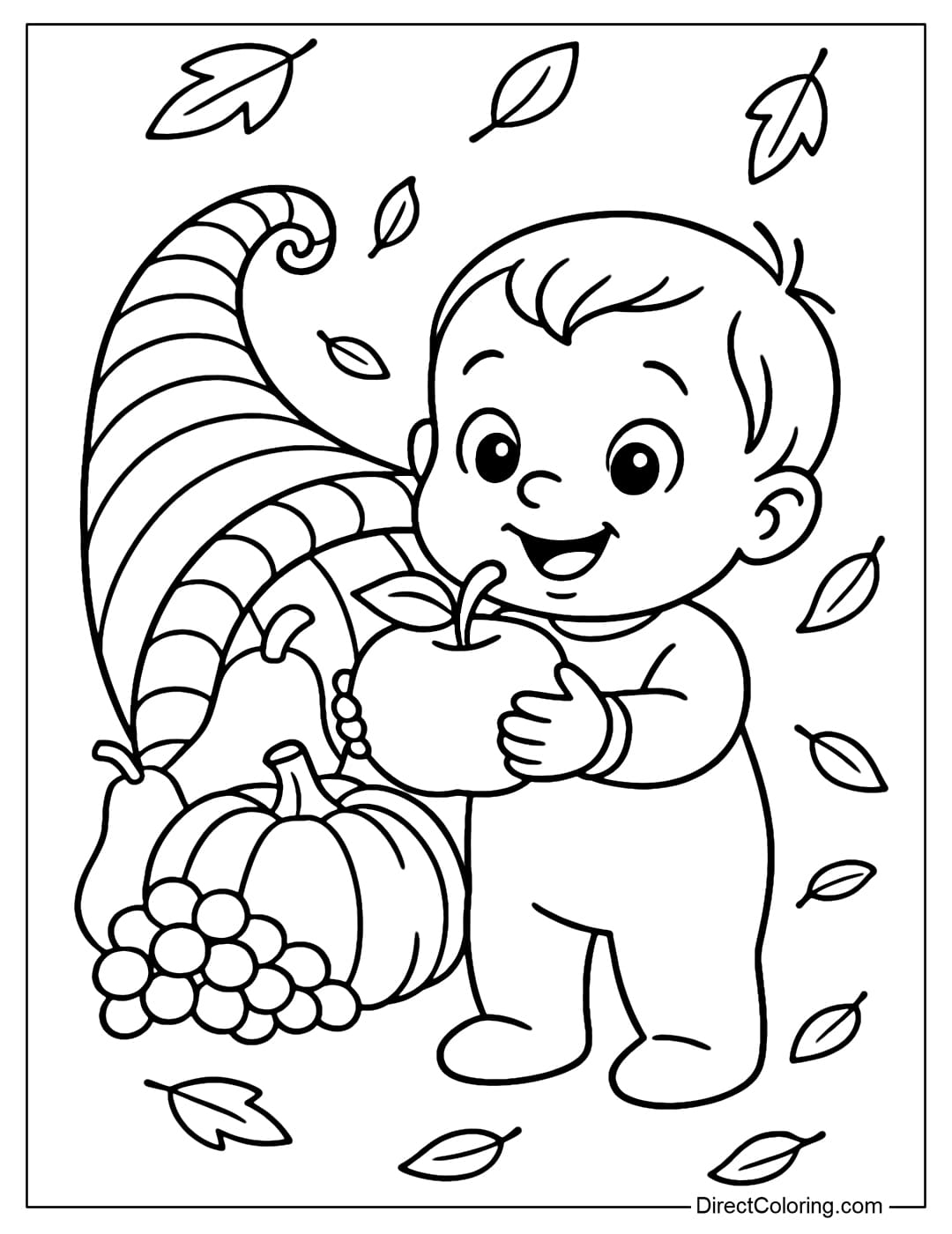 Animated Cornucopia coloring page with baby holding an apple and leaves falling around.