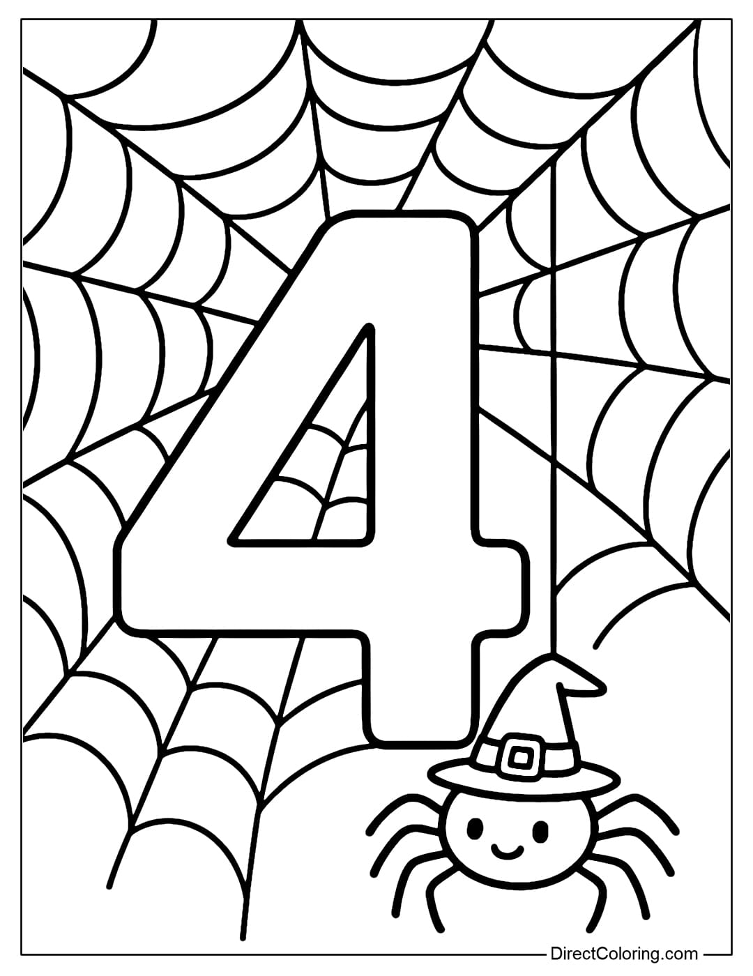 Halloween number 4 coloring page has a spider web around it, a spider wearing a witch hat is swinging down next to the number.