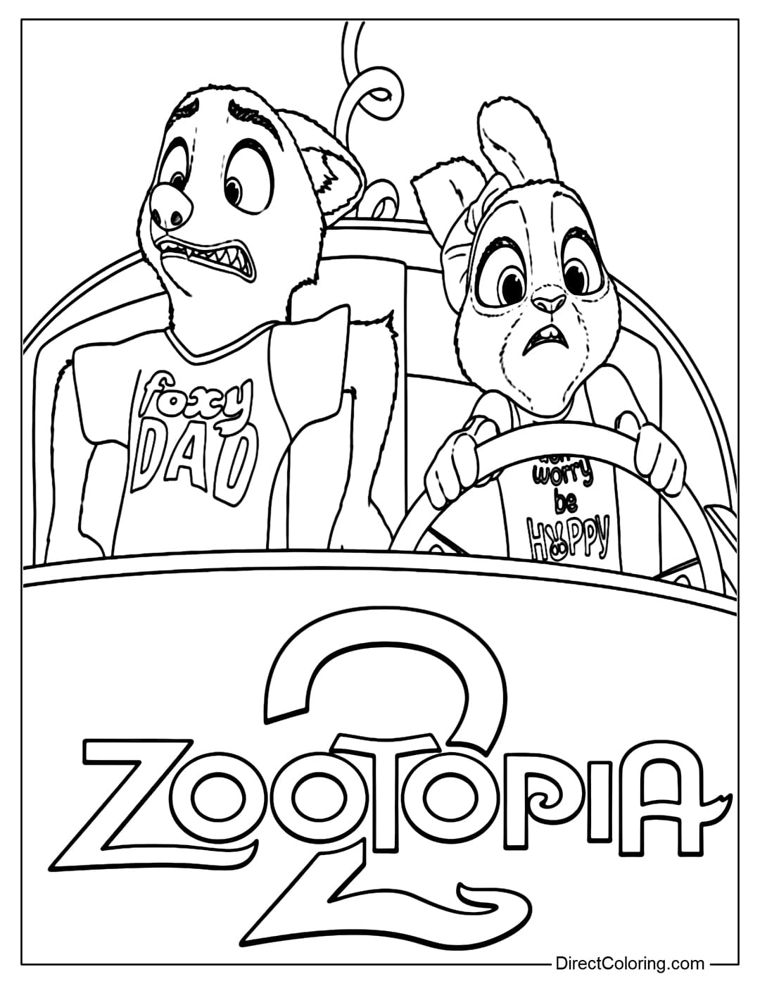 A coloring page of Nick with Judy sitting in a car with contrasting expressions of worry and panic, full of humor.