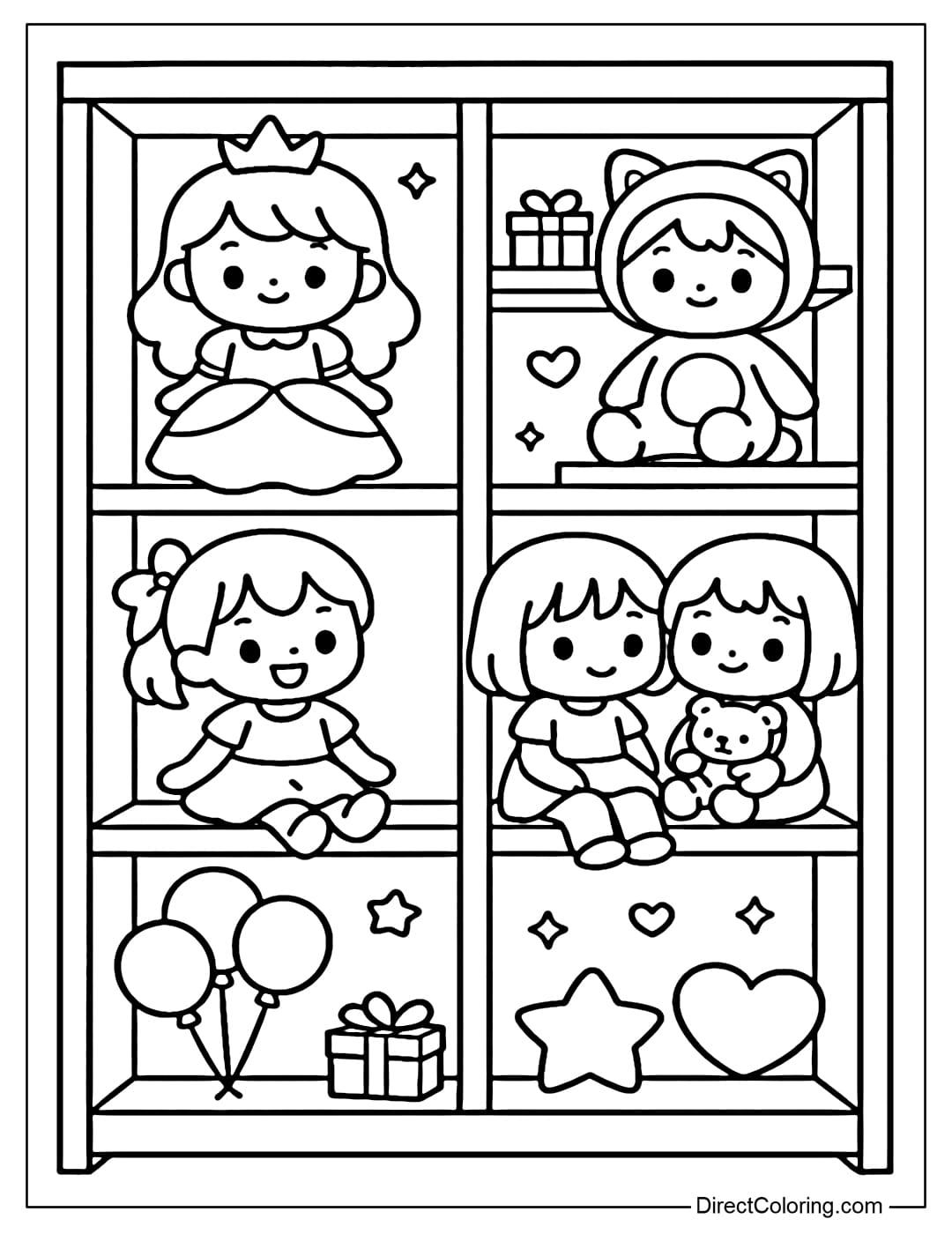 Doll Shelf Coloring Page Coloring page of a doll shelf with a princess in a flared dress, a naughty short-haired doll, and a lovely animal cosplay doll.