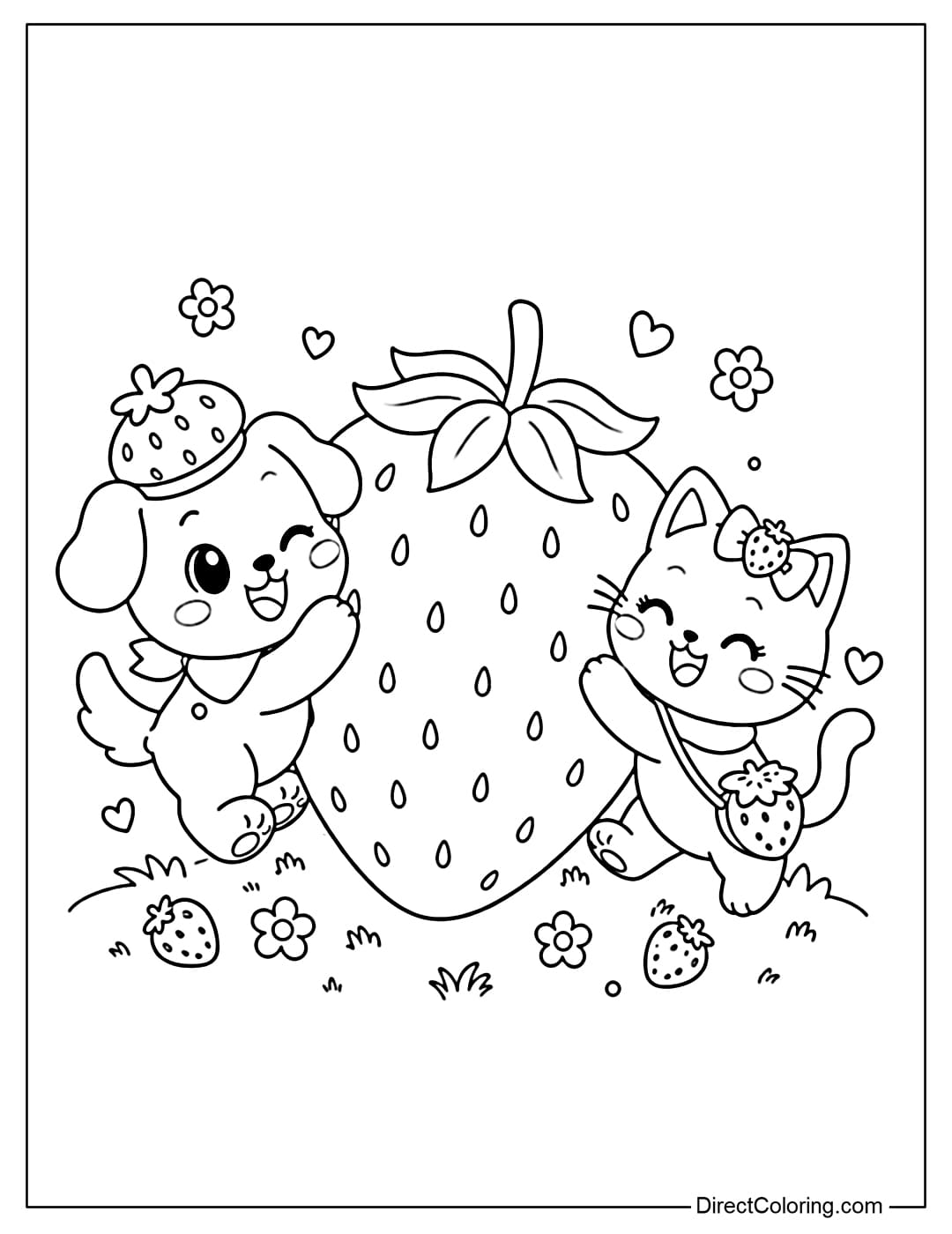 Coloring page of a large strawberry, with a cute puppy and kitten playing around it.
