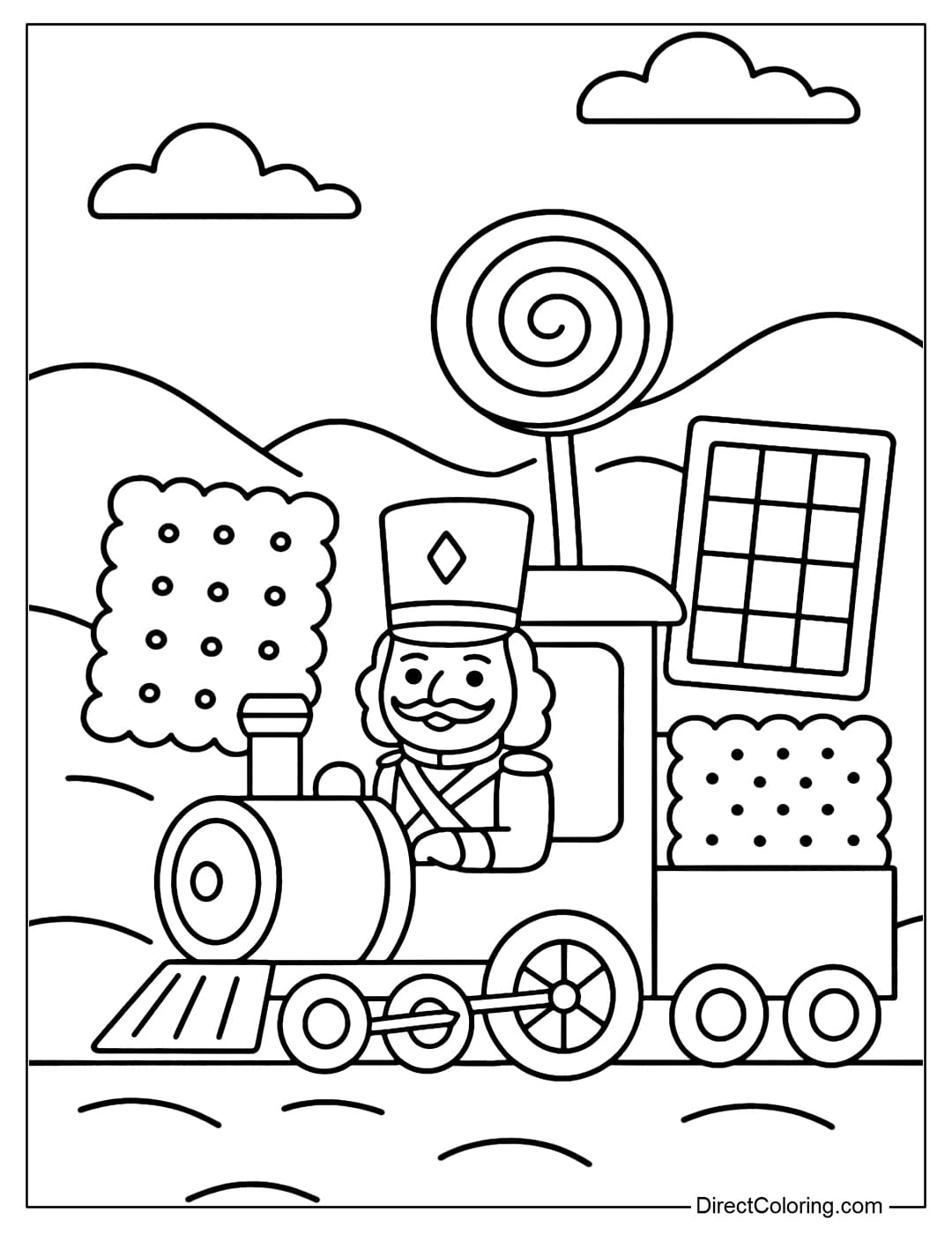 Nutcracker coloring page drives a candy train through a snowy land, the train cars are cookies, lollipops, and chocolates.