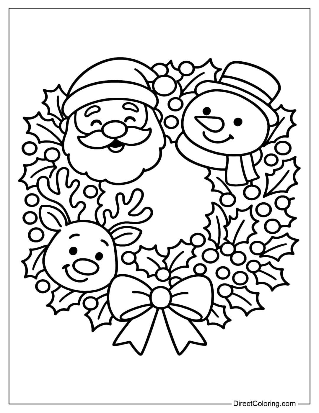 Santa and Friends Wreath Coloring Page A wreath coloring page with Santa Claus, snowman and reindeer all around the wreath.