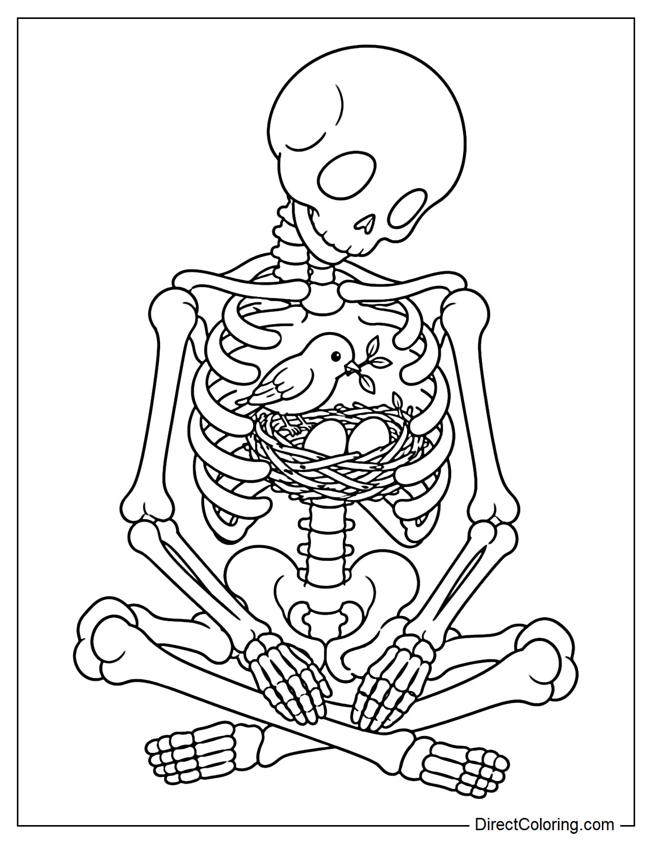 A skeleton is sitting quietly and looking down with curiosity at a little bird building a nest inside the open space of its rib cage, with two large eggs resting in the nest.