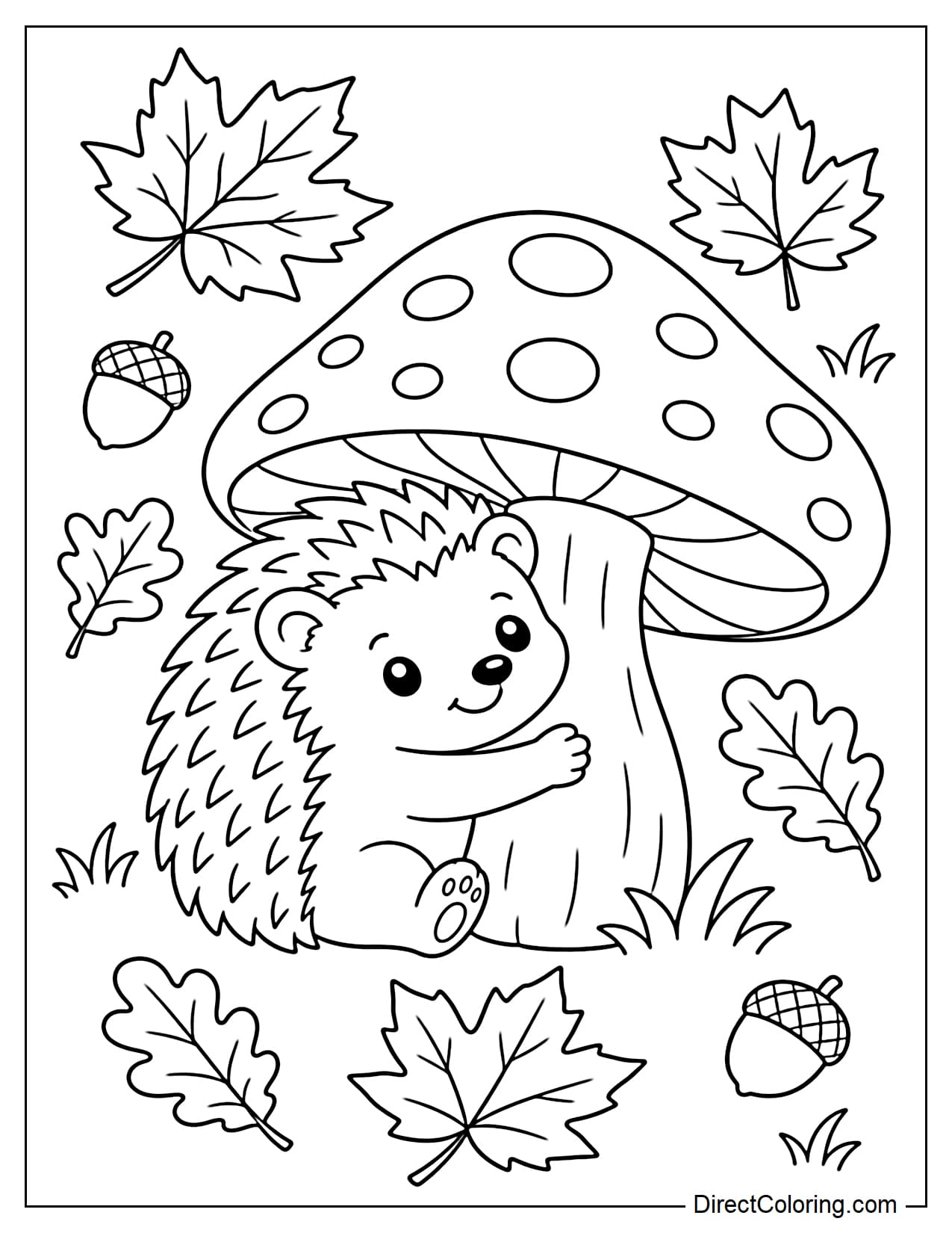 A small hedgehog hugging a large mushroom, surrounded by maple leaves, acorns, and some grass.