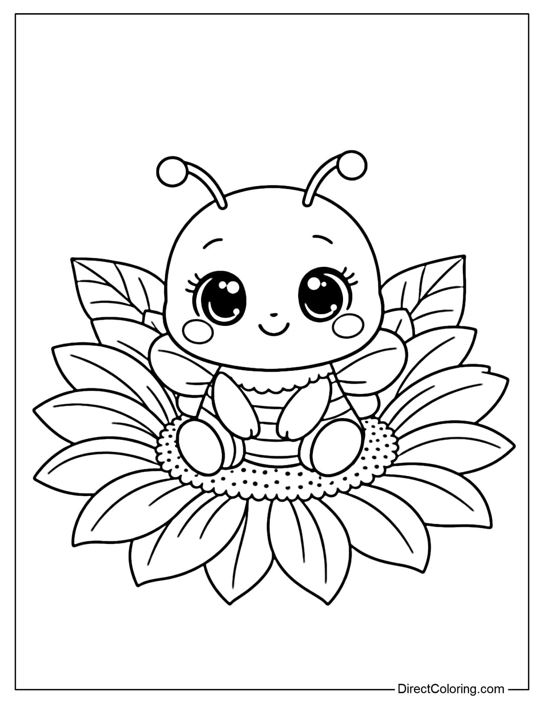 An adorable baby bee coloring page featuring a cute little bee sitting in the middle of a large sunflower, with big, sparkling eyes and rosy cheeks.