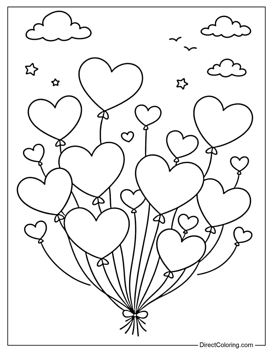 A coloring page with many heart-shaped balloons tied together, floating up from the bottom of the page.