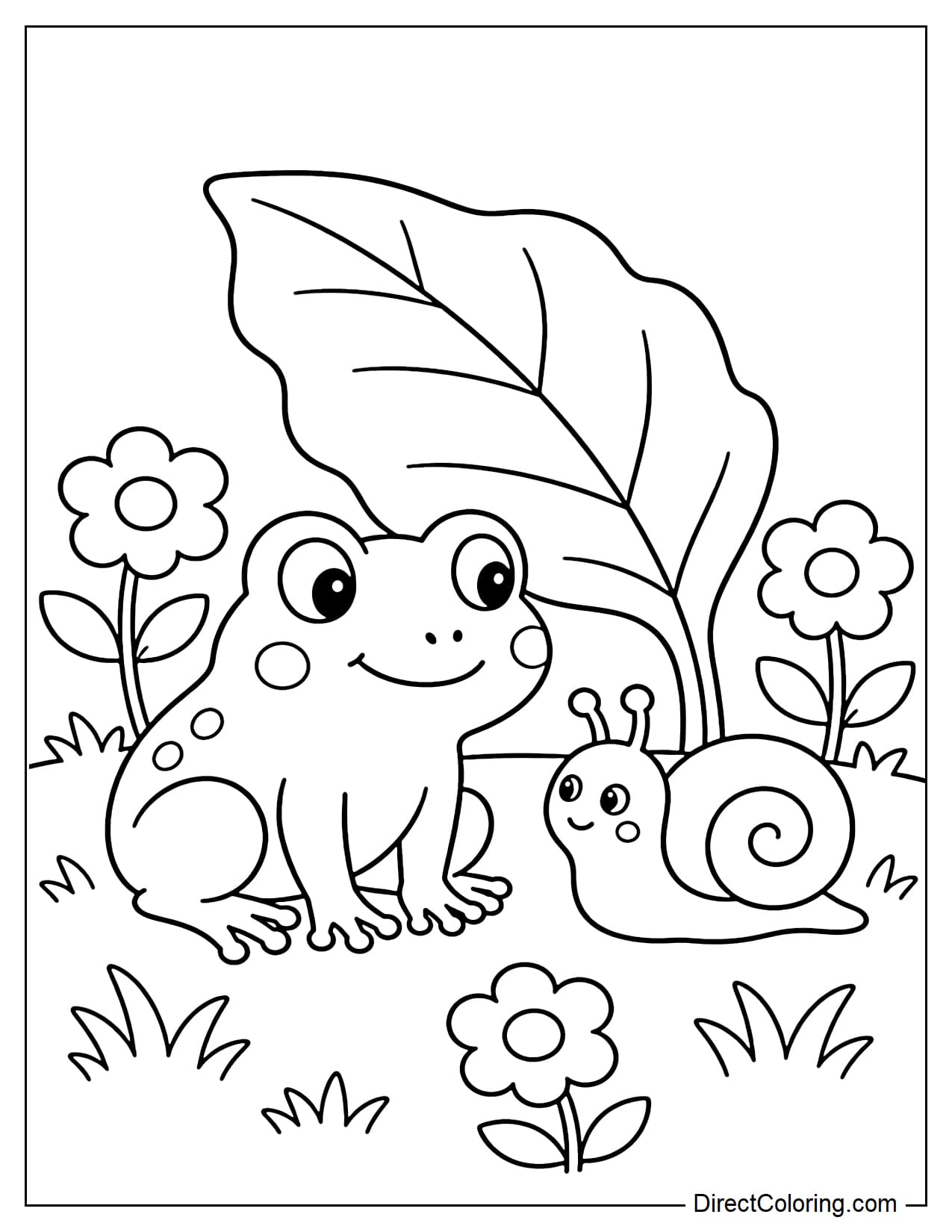 A frog is sitting next to a small snail, both looking at each other on the grass, with a large leaf and some round flowers behind them.