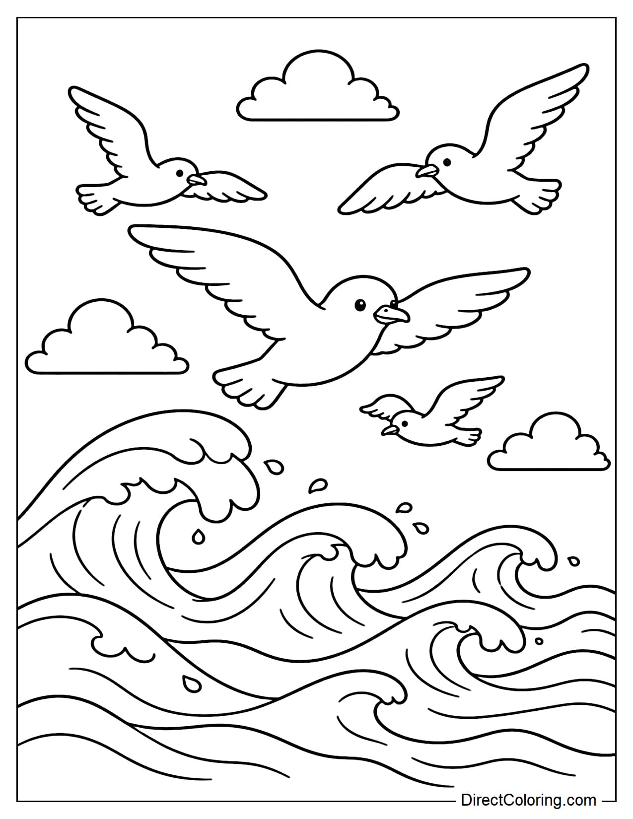 Seagulls flying above large, soft waves, with a few clouds in the distance.