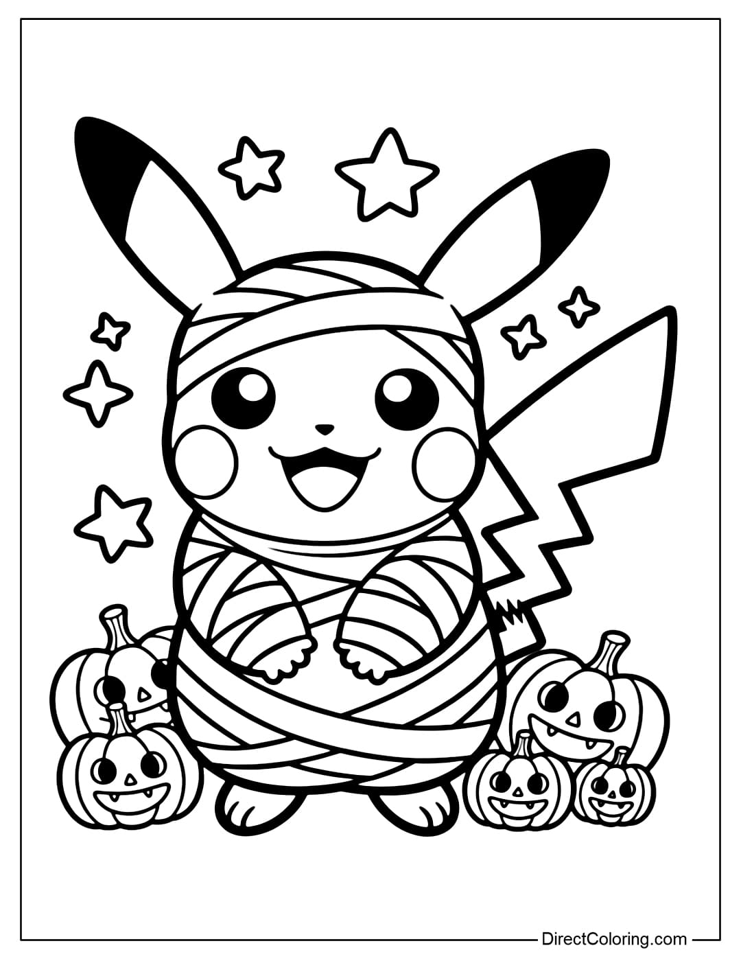 Pikachu coloring page mini mummy, wrapped in white bandages, smiling cutely.