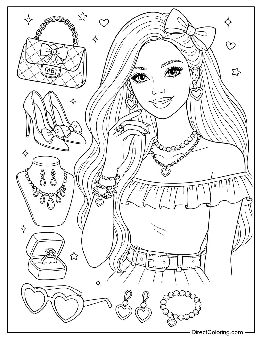 A coloring page of Barbie with various accessories such as a handbag, shoes, and jewelry.