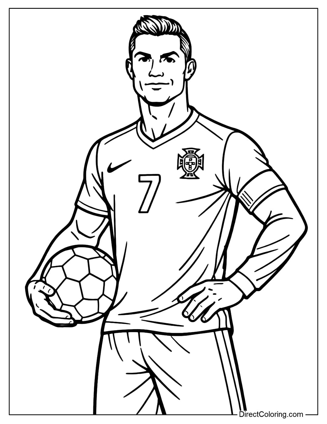 Coloring page of Cristiano Ronaldo wearing the number 7 Portugal jersey, standing confidently, holding a ball at his side.