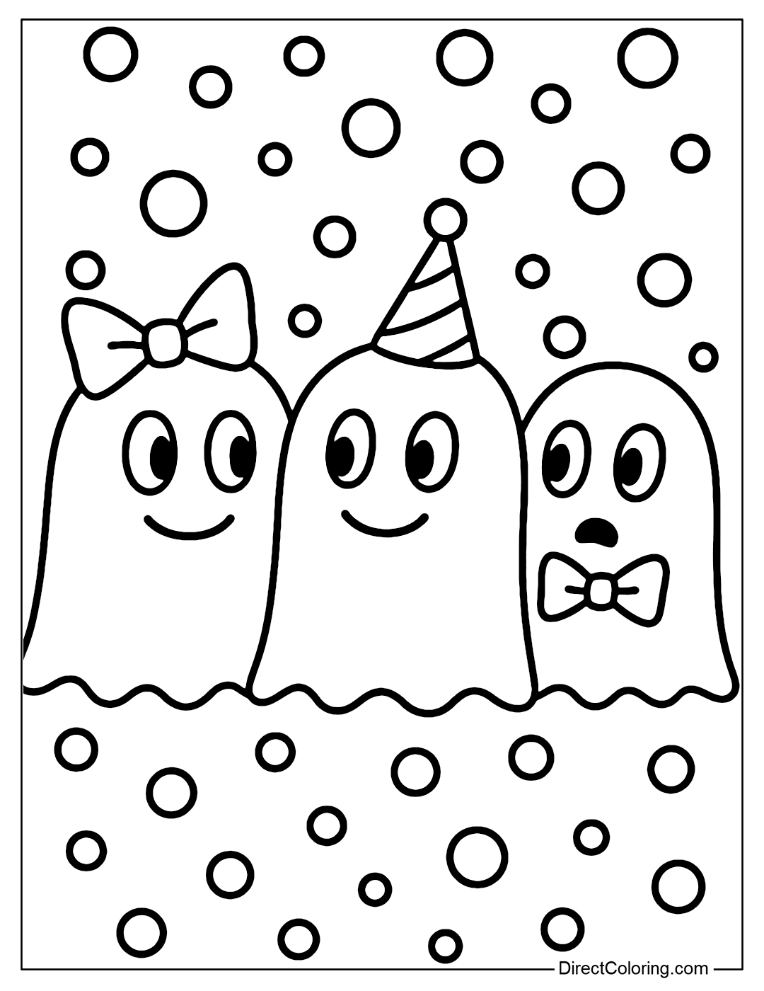 Colorful ghosts standing side by side, with bows and funny hats.