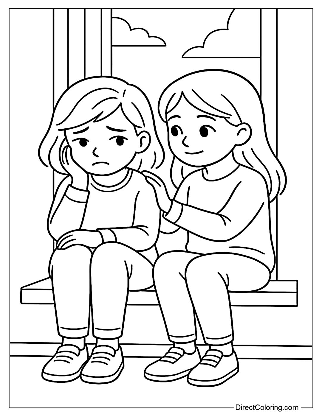 Coloring page of a friend putting his hand on his friend's shoulder when sad, sitting together by the window sill.