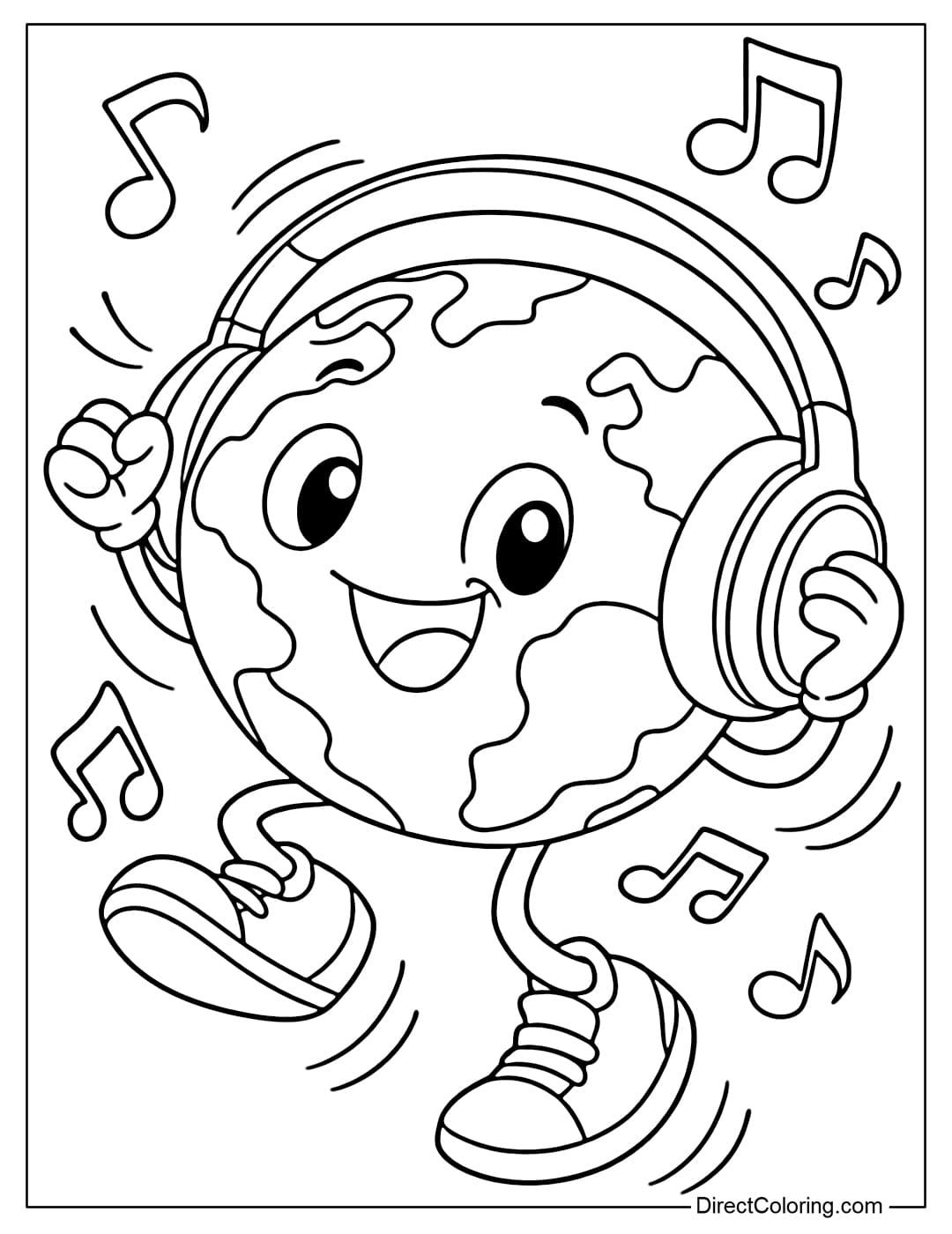 A coloring page of a cartoon Earth wearing large headphones and dancing.