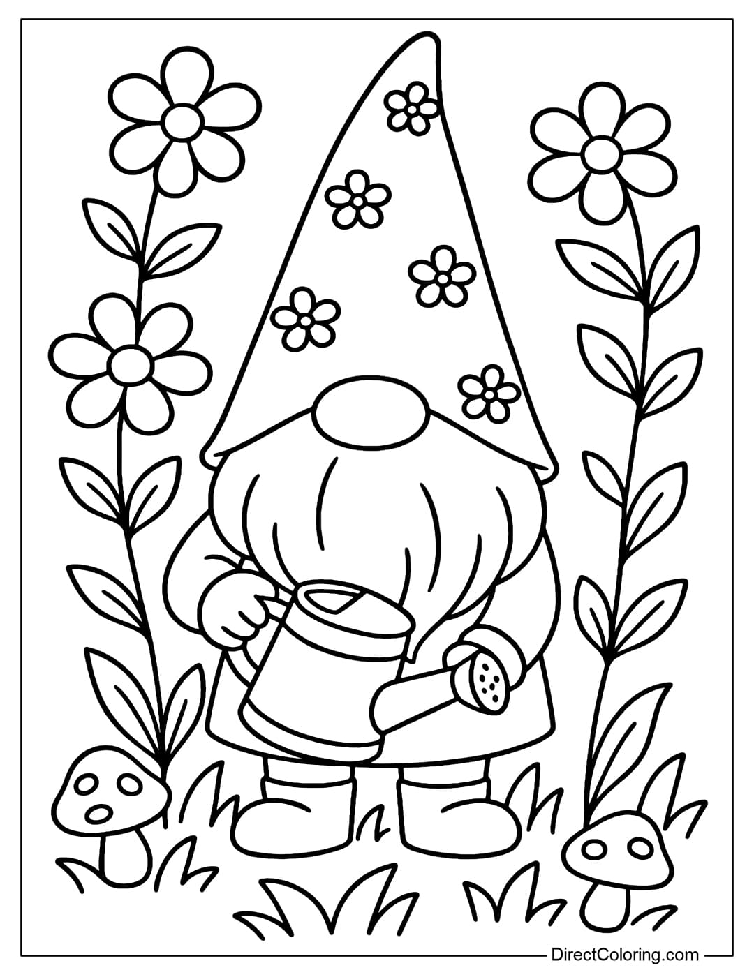 A coloring page featuring a cute gnome holding a watering can in a spring garden, surrounded by large flowers, young leaves, and small mushrooms.