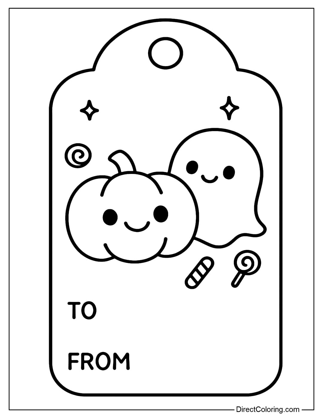 A Halloween candy tag coloring page with a pumpkin and a little ghost smiling together.