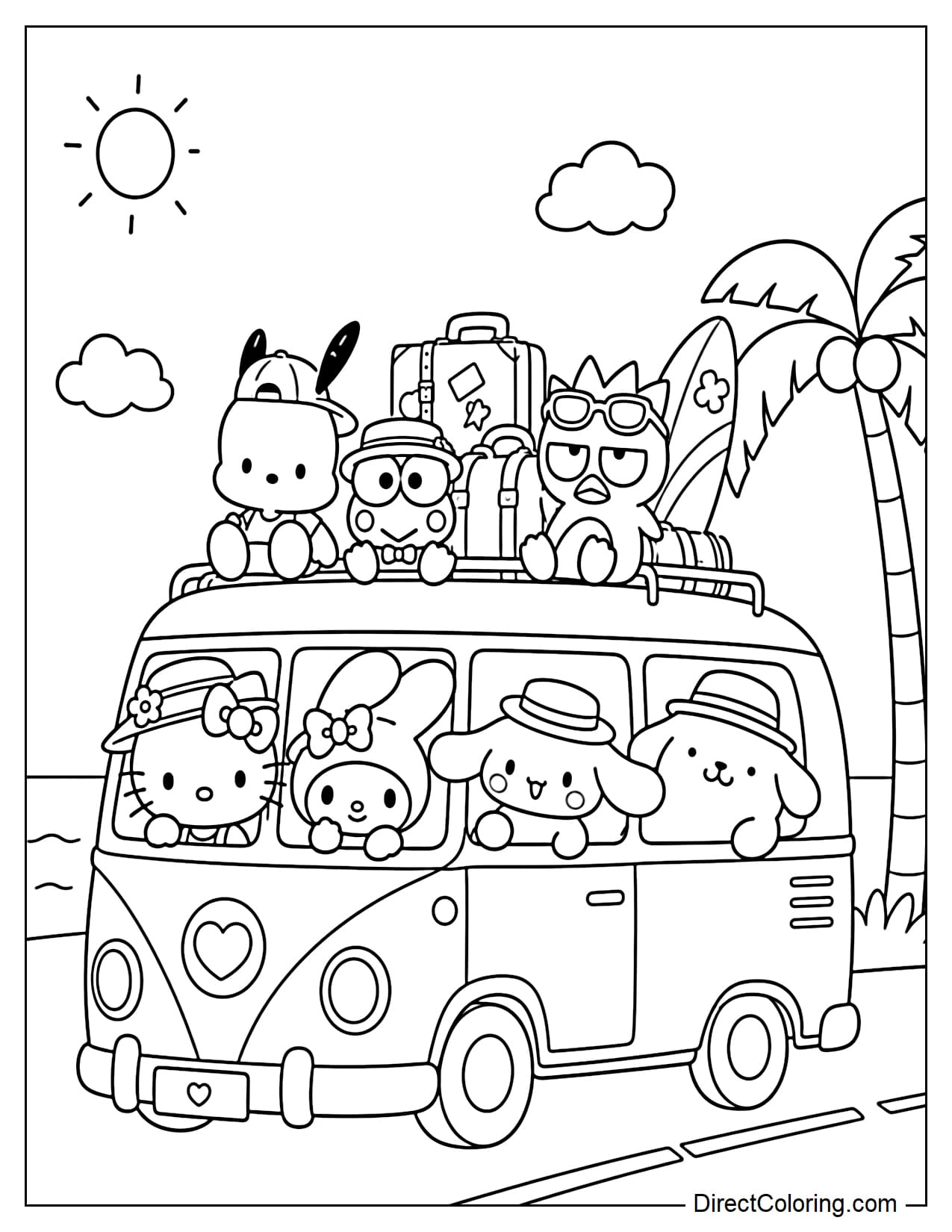 Sanrio characters Hello Kitty, My Melody, Cinnamoroll, Pompompurin, Pochacco, Keroppi, and Badtz-Maru are enjoying a summer trip together in a cute van driving among coconut trees by the sea.