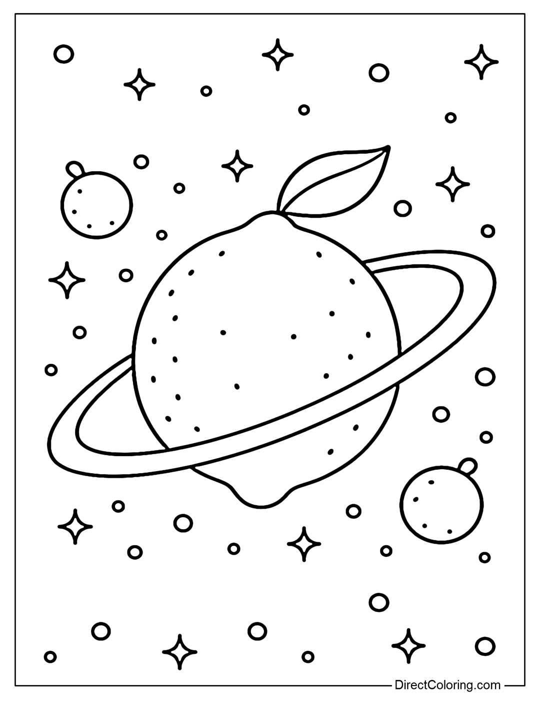 A lemon coloring page like a small planet with orbit and mini fruit satellites.
