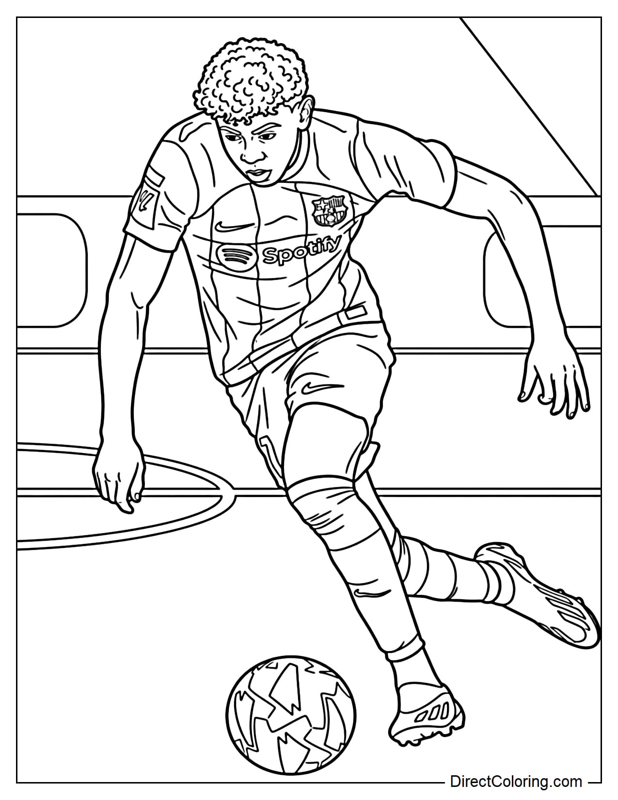 Lamine Yamal is highly focused while dribbling in an FC Barcelona jersey, showcasing his agility and superior individual technique on the pitch.
