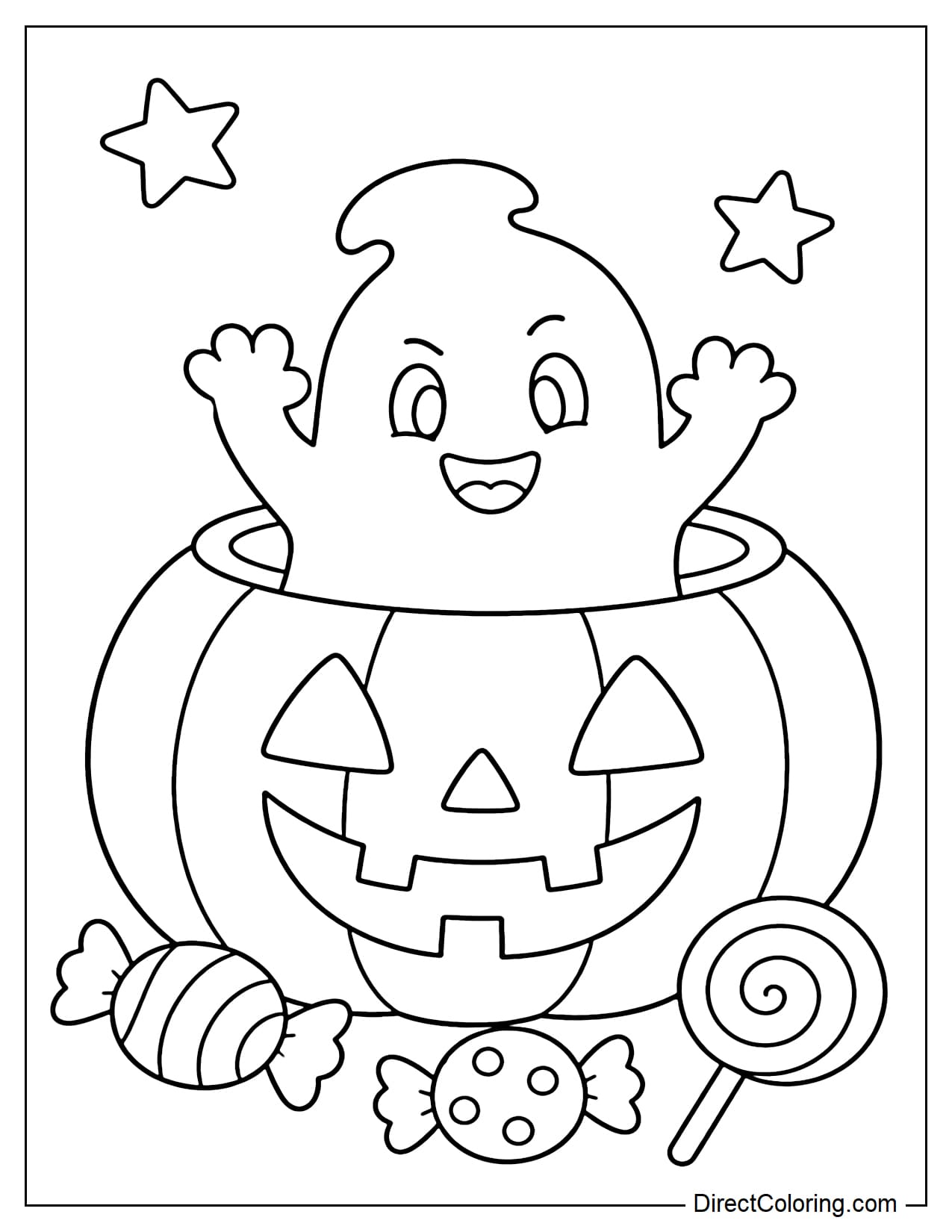A cute little ghost popping up from inside a giant jack-o'-lantern, raising both hands happily with a playful smile, surrounded by a few large candies and two stars.