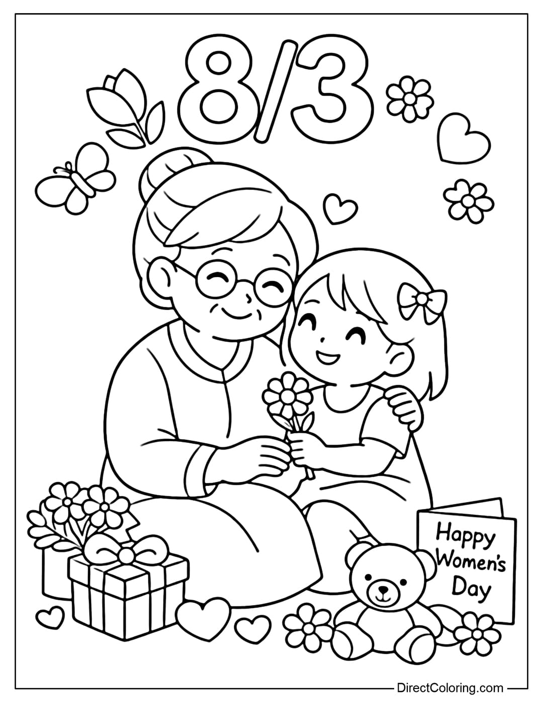 A coloring page with a grandmother and grandchild sitting next to each other, the little girl holding a flower to give to her grandmother on Women's Day.