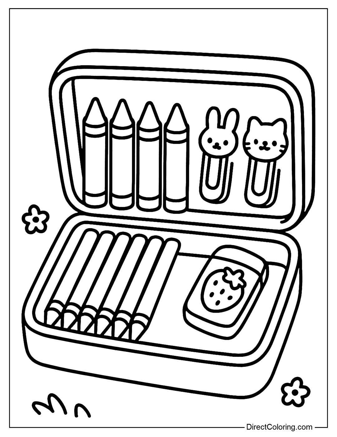 Coloring page of an open pencil case, inside are colored pencils, animal-shaped paper clips, and strawberry-shaped erasers.