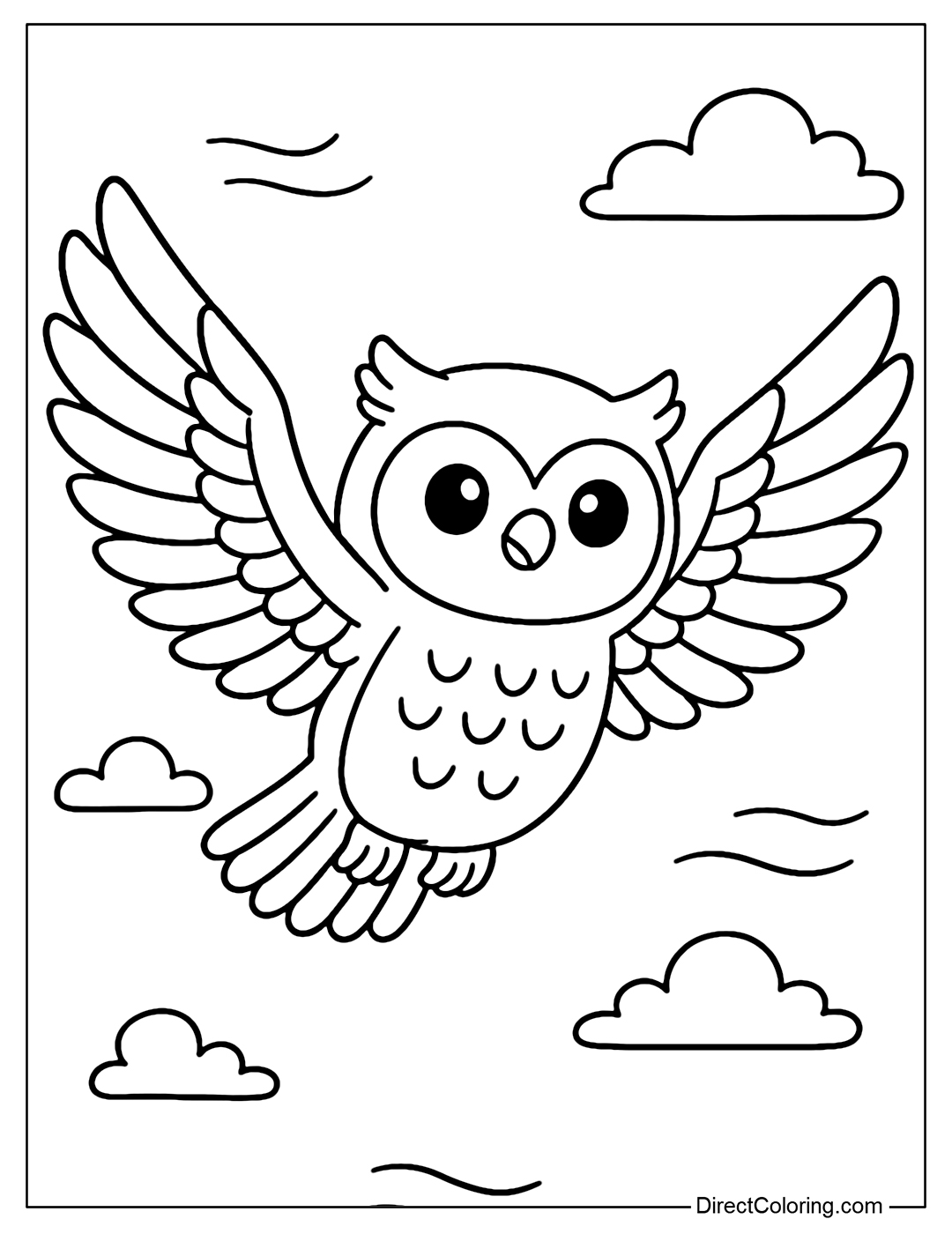 An owl with powerful wings, each layer of feathers clearly visible, the background is the clear sky.