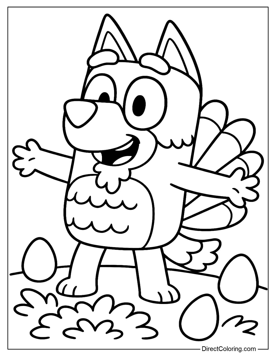 Bluey Coloring Page on Thanksgiving is adorable with a fluffy tail behind.