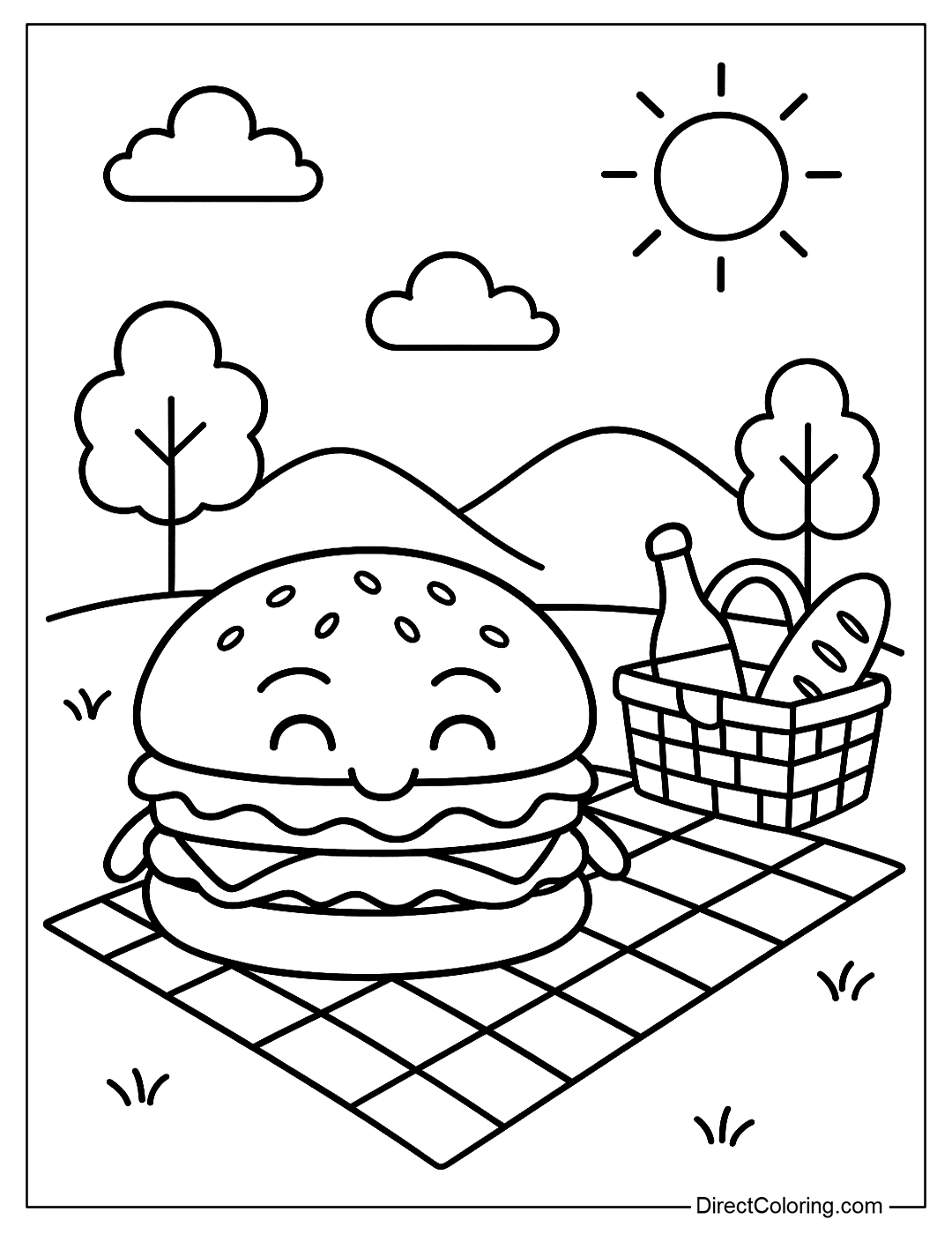 a coloring page of a hamburger in a picnic scene, with a basket of food