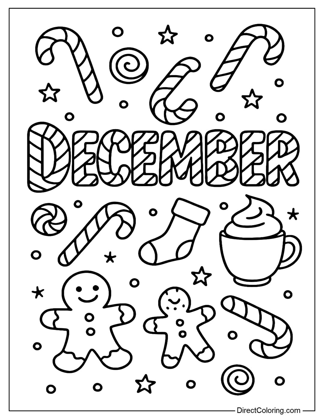 Coloring page of the word DECEMBER in red and white candy cane style. Surrounded by candy, gingerbread, stockings, and a cup of hot chocolate with ice cream.