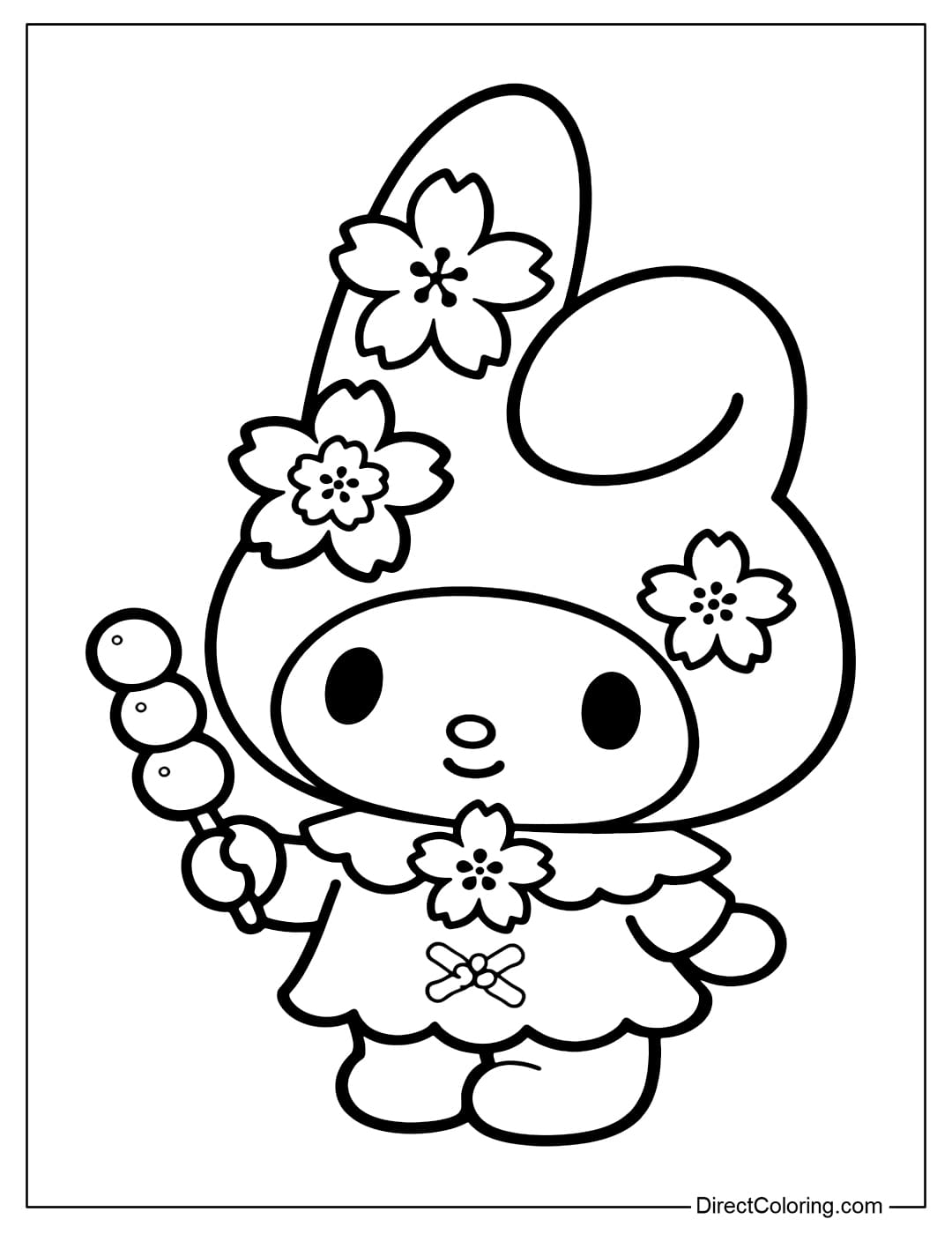My Melody is decorated with cherry blossoms on her ears and clothes, and is holding a cookie stick.